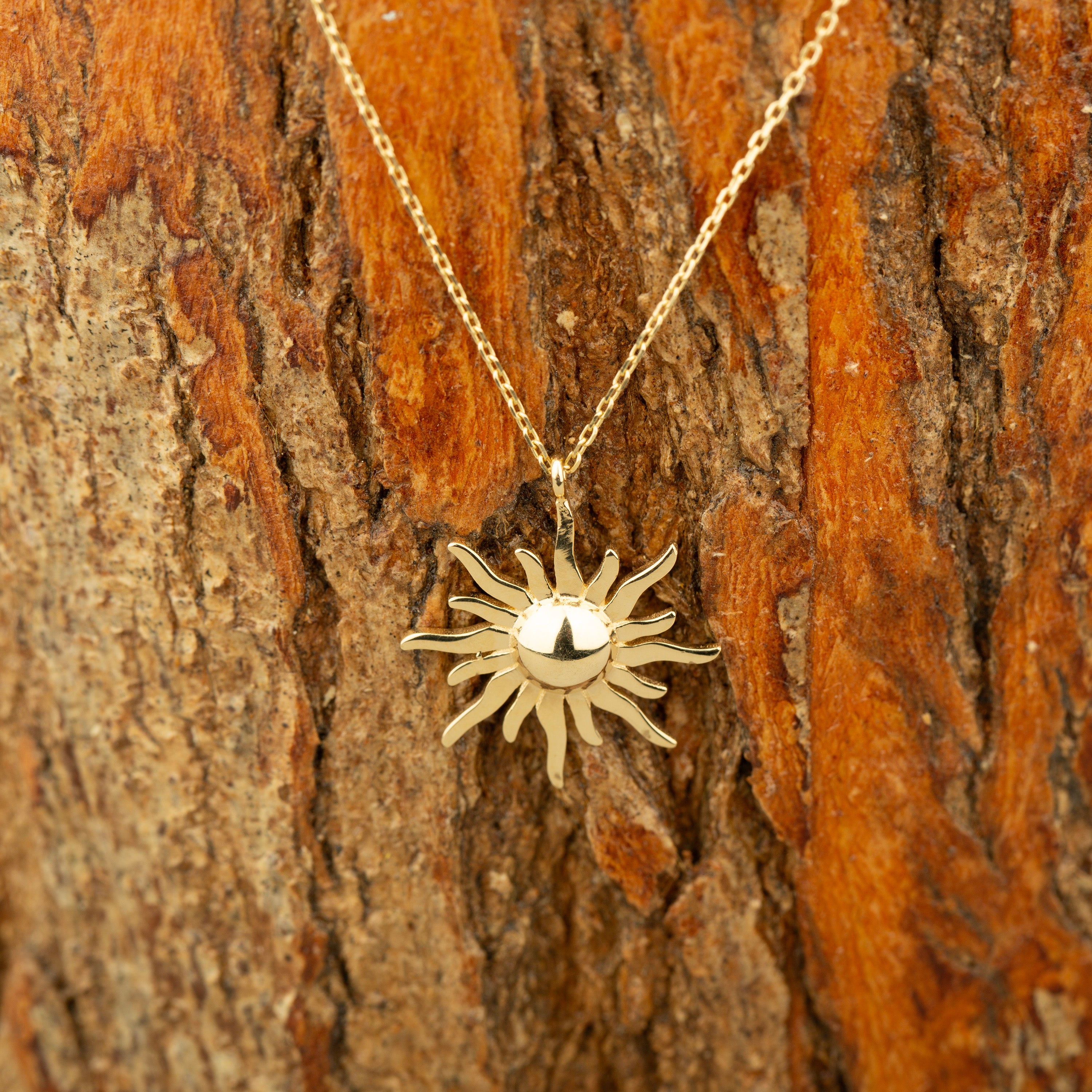 14K Solid Gold Sunburst Pendant Necklace