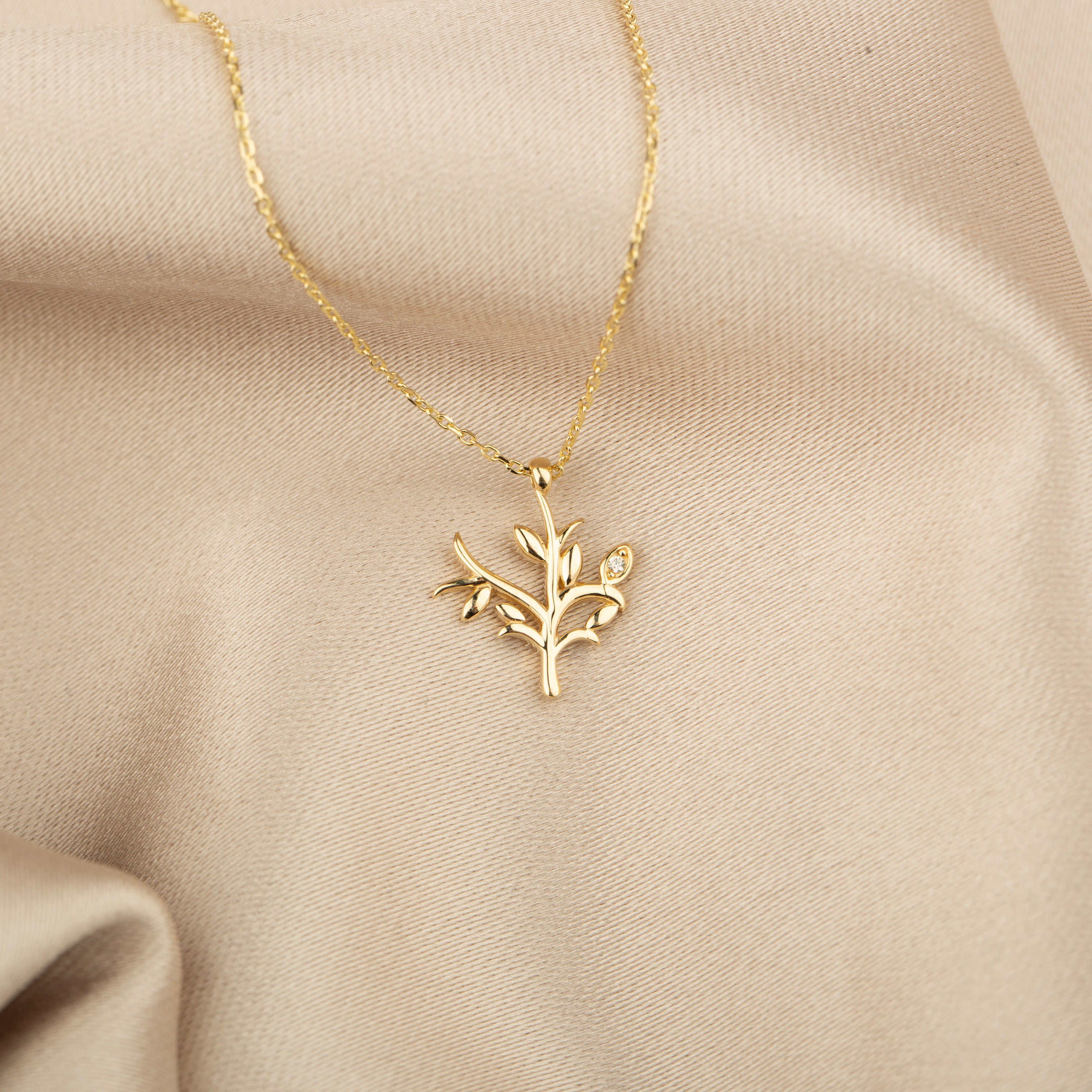 14K Gold Olive Tree Pendant Necklace