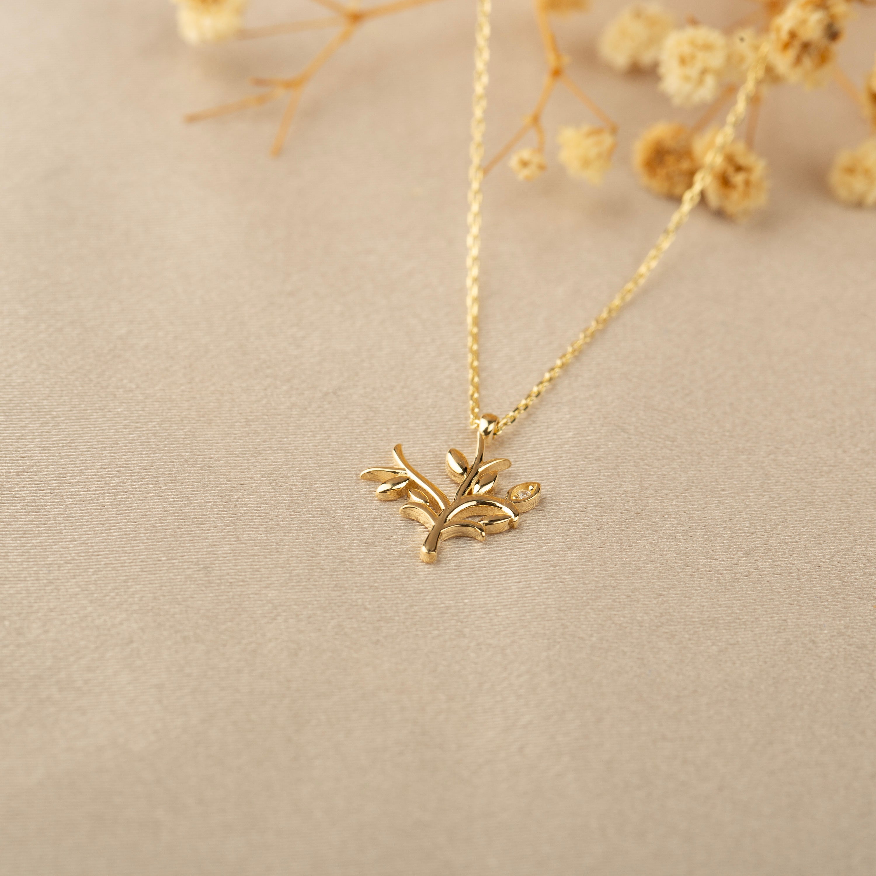 14K Gold Olive Tree Pendant Necklace