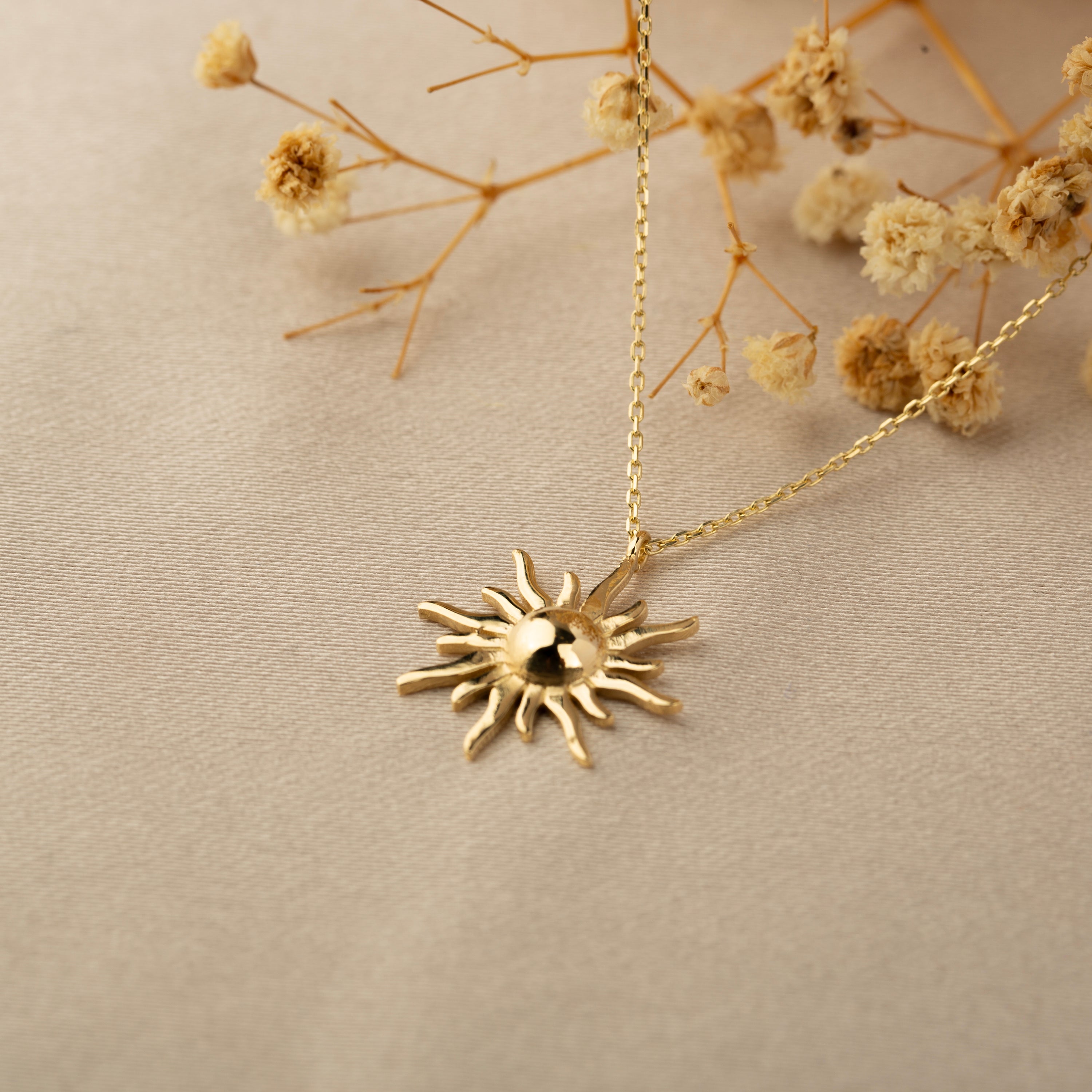 14K Solid Gold Sunburst Pendant Necklace
