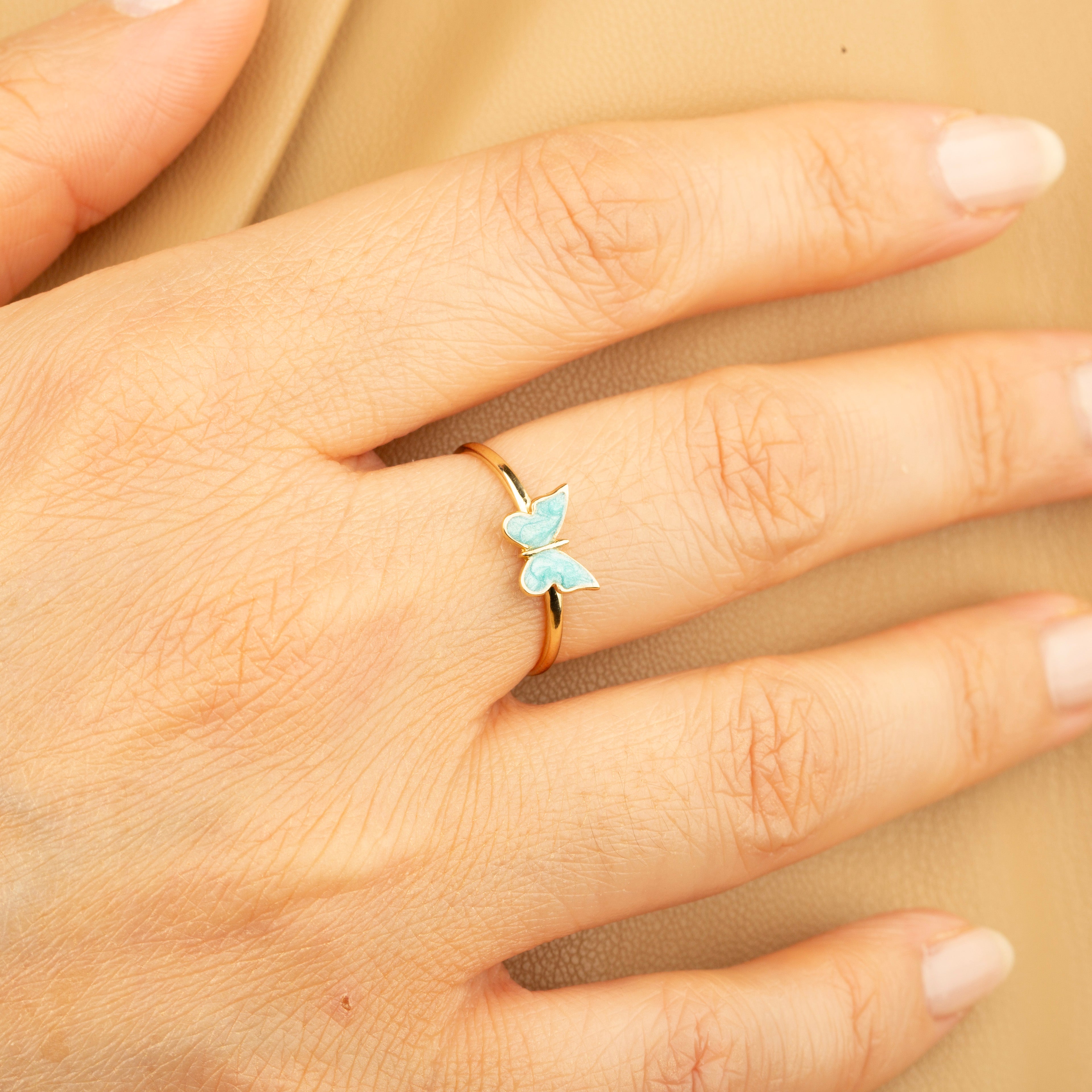 14k Gold White Butterfly Ring