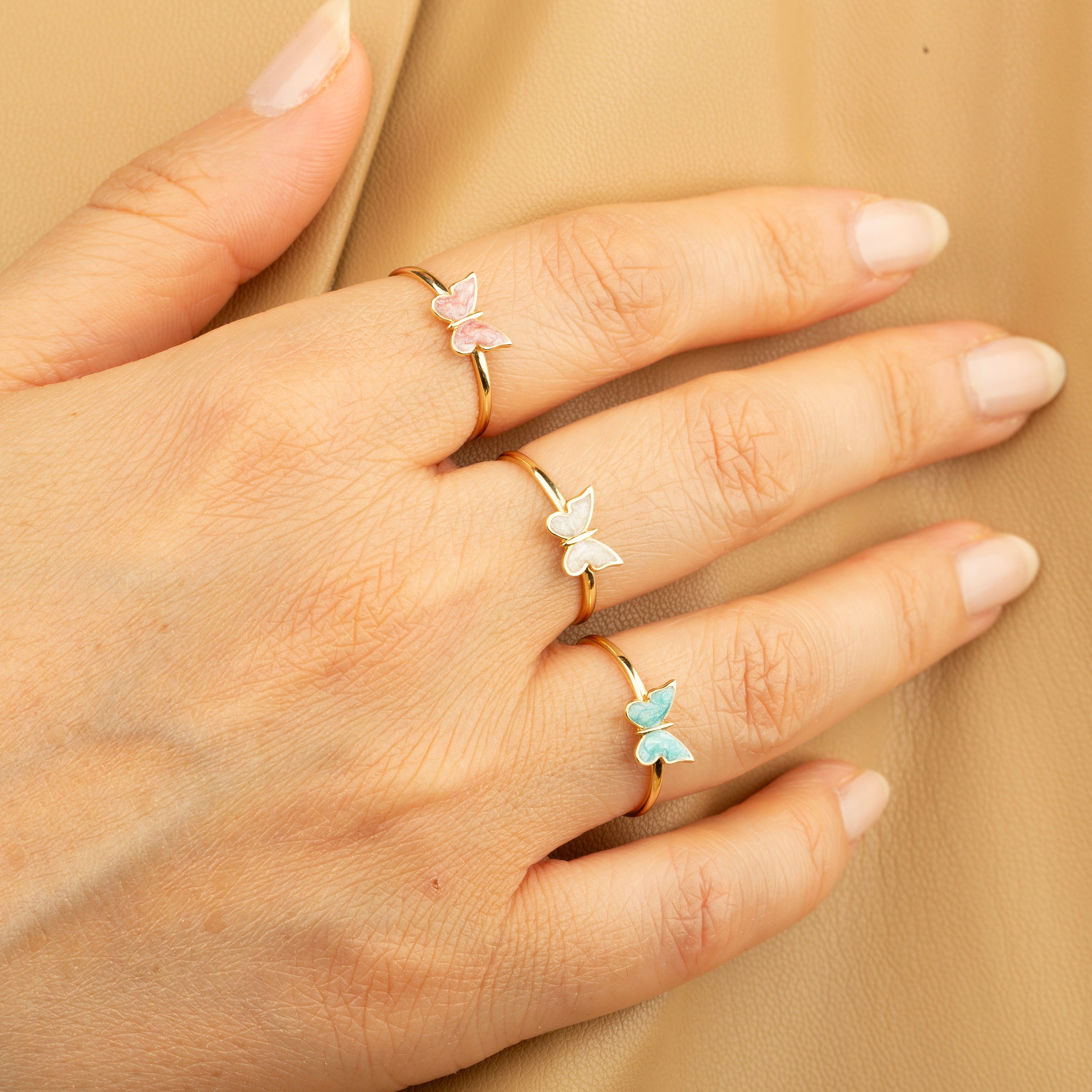 14k Gold White Butterfly Ring