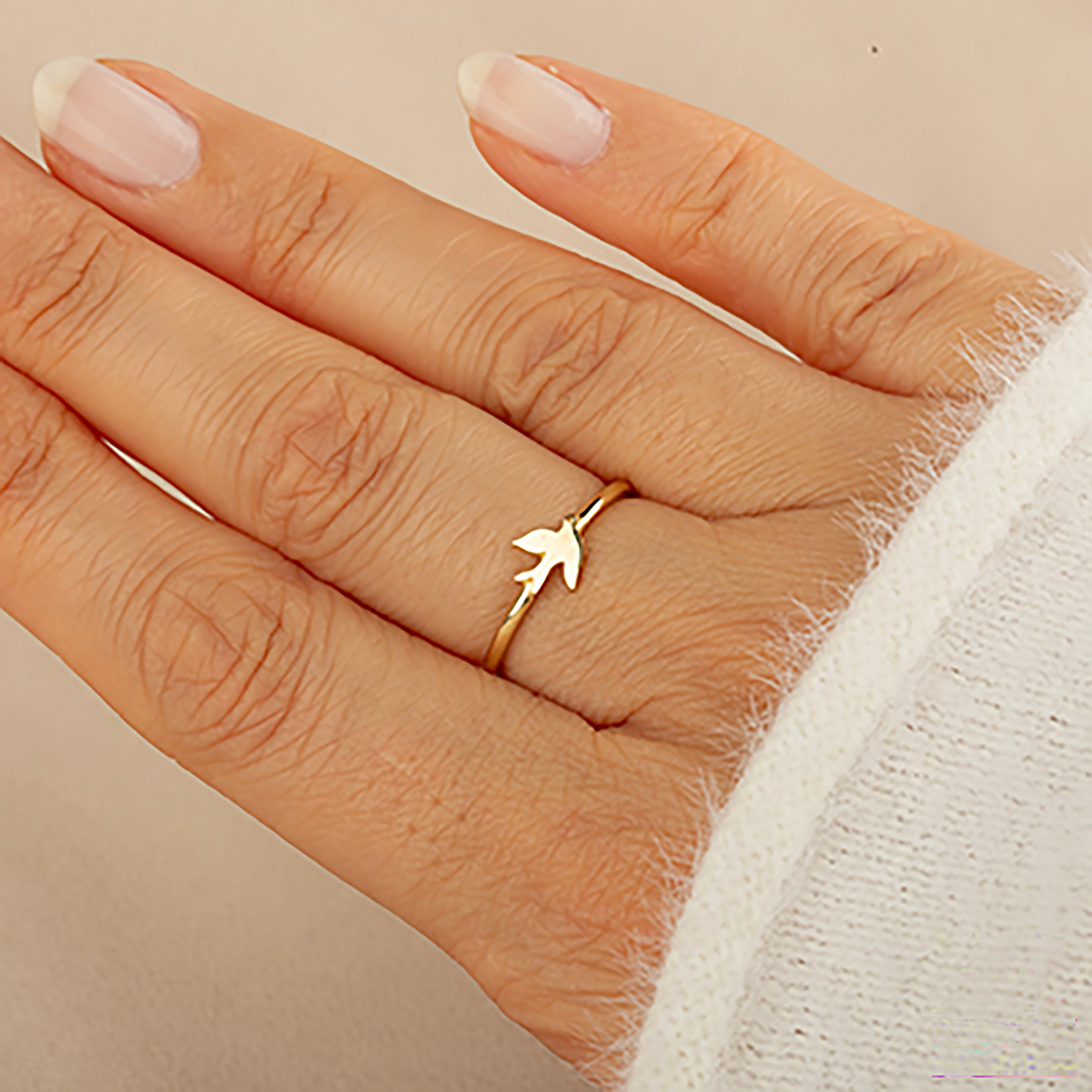 14K Solid Gold Dove Bird Ring