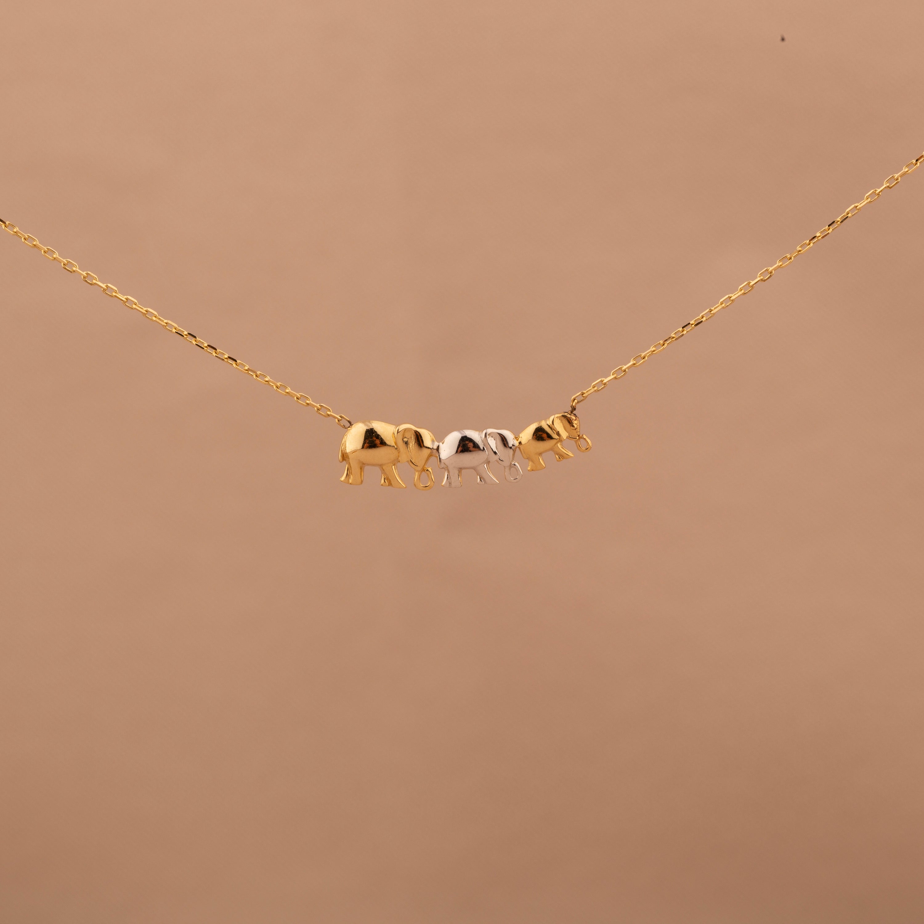 14K Solid Gold Trio Elephant Necklace - Cute Family-Inspired Jewelry