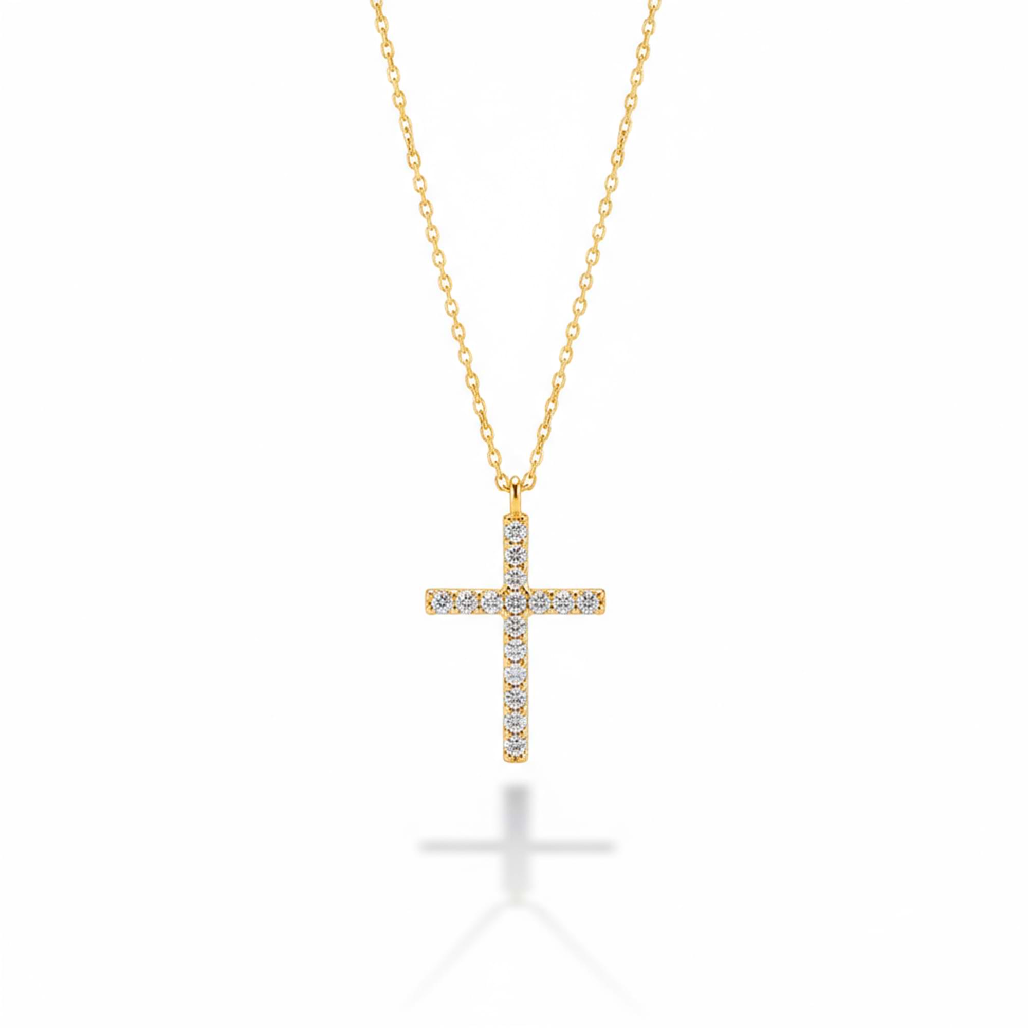 14K Solid Gold Cubic Zirconia Cross Pendant Necklace - Timeless Religious Jewelry