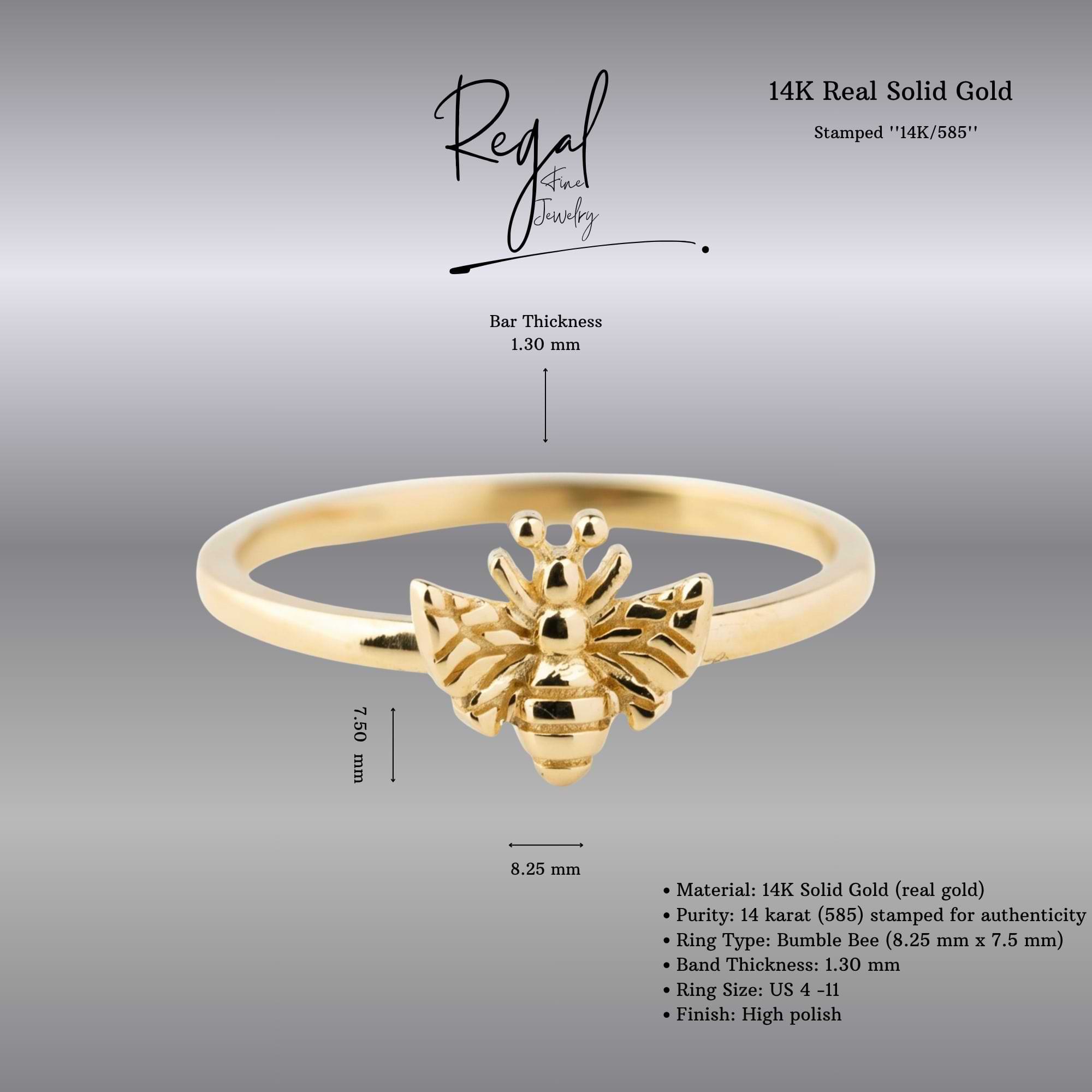 14K Solid Gold Bumble Bee Ring