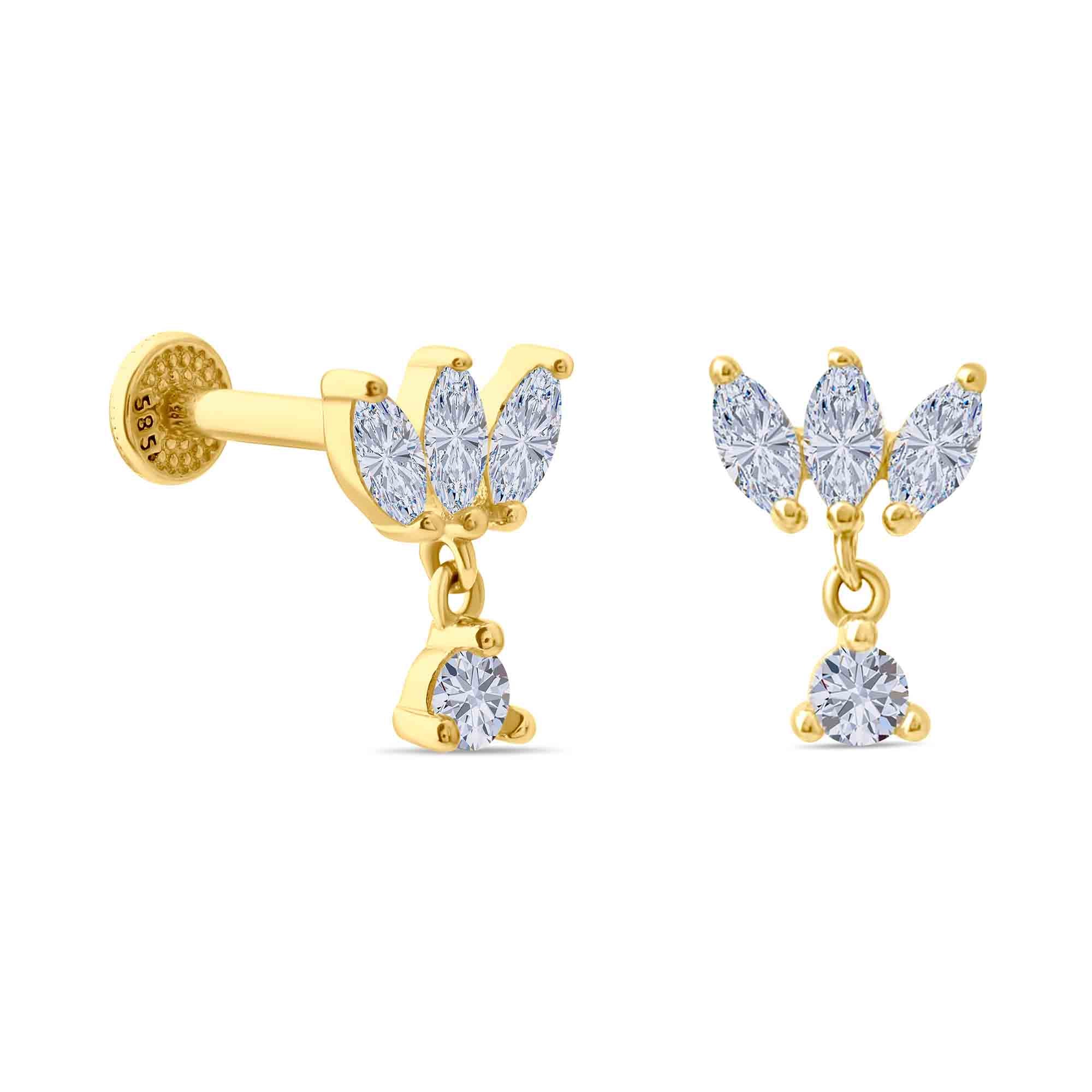 14k Gold Piercing Marquise cubic zirconia on a white background