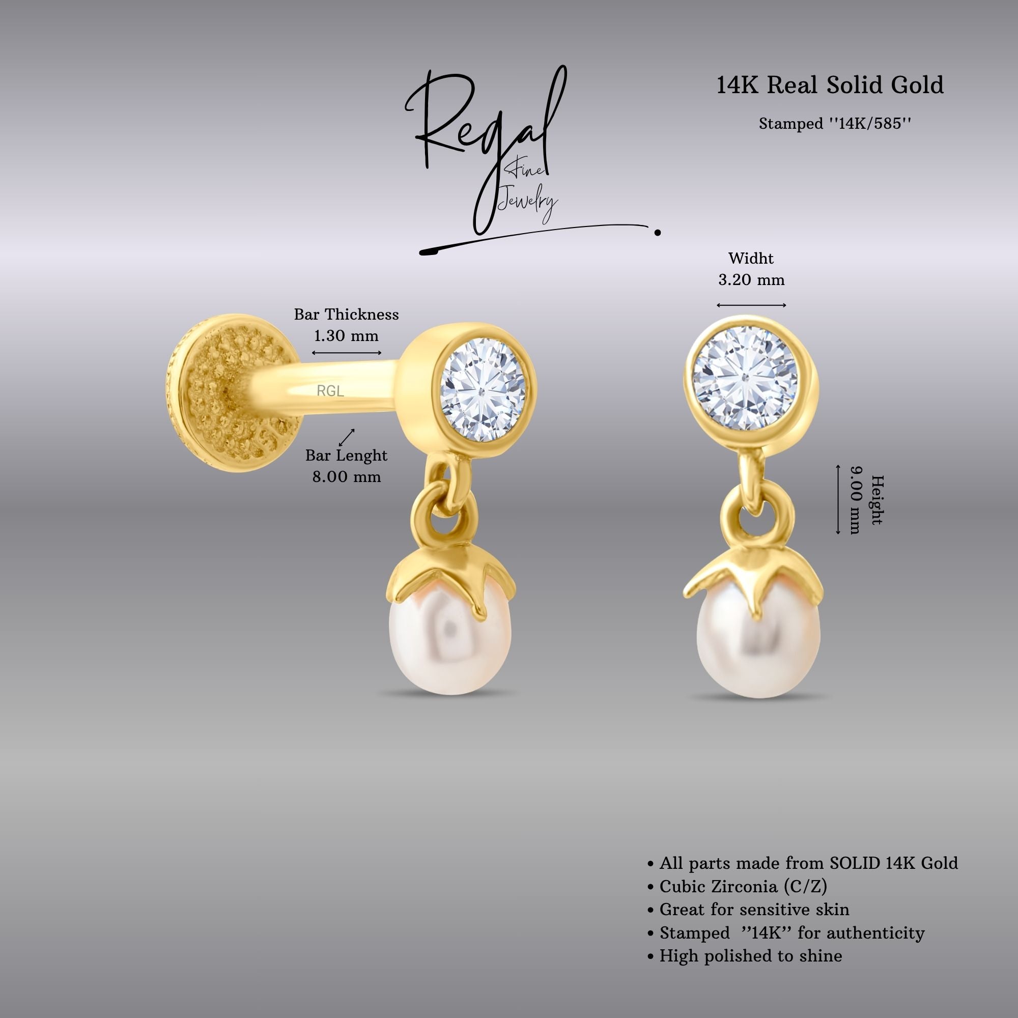 14k Gold piercing with pearls and cz gemstones on a gray background, featuring Regal Fine jewelry branding.