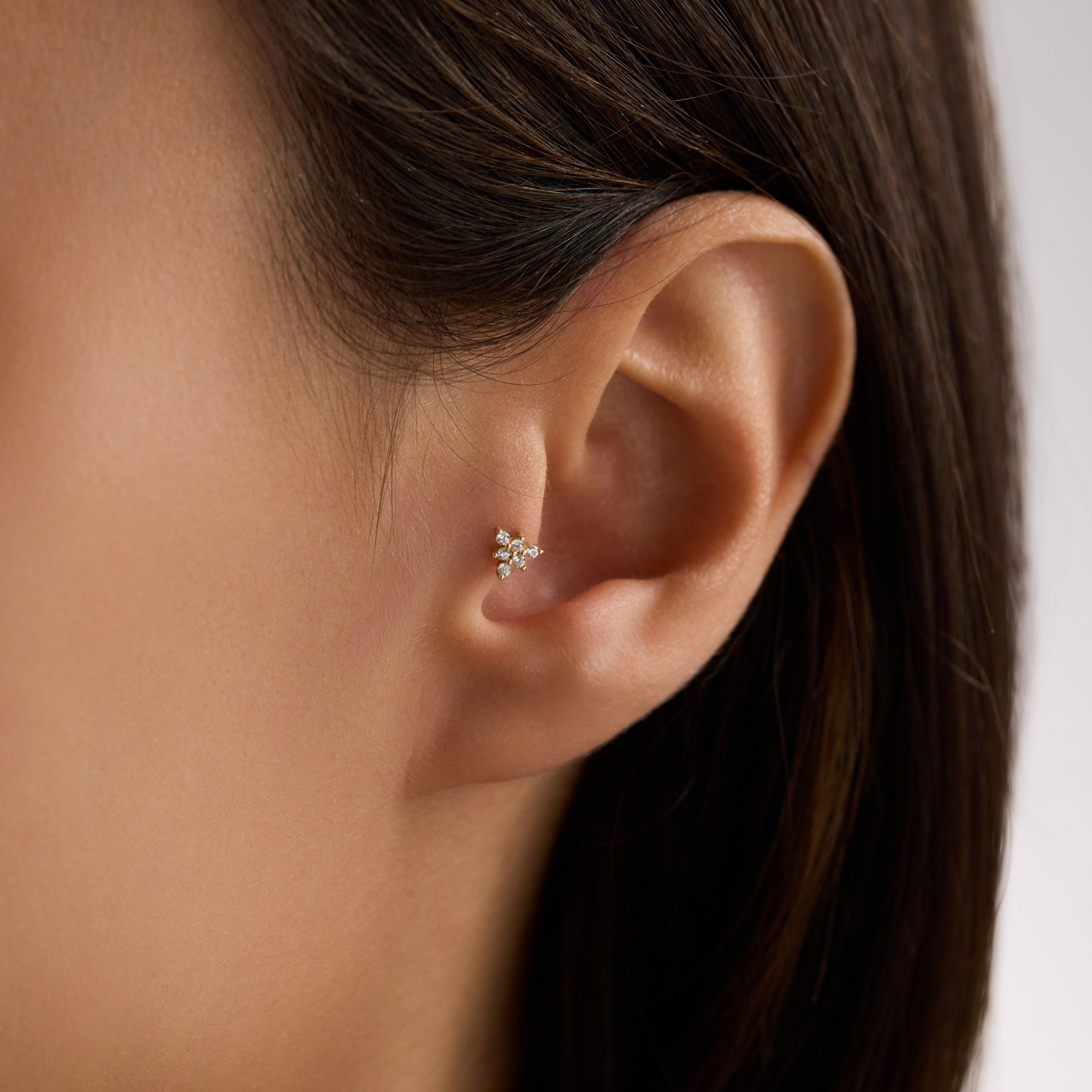 14K Solid Gold Floral Triangle CZ Cluster Tragus Piercing –  Helix & Cartilage