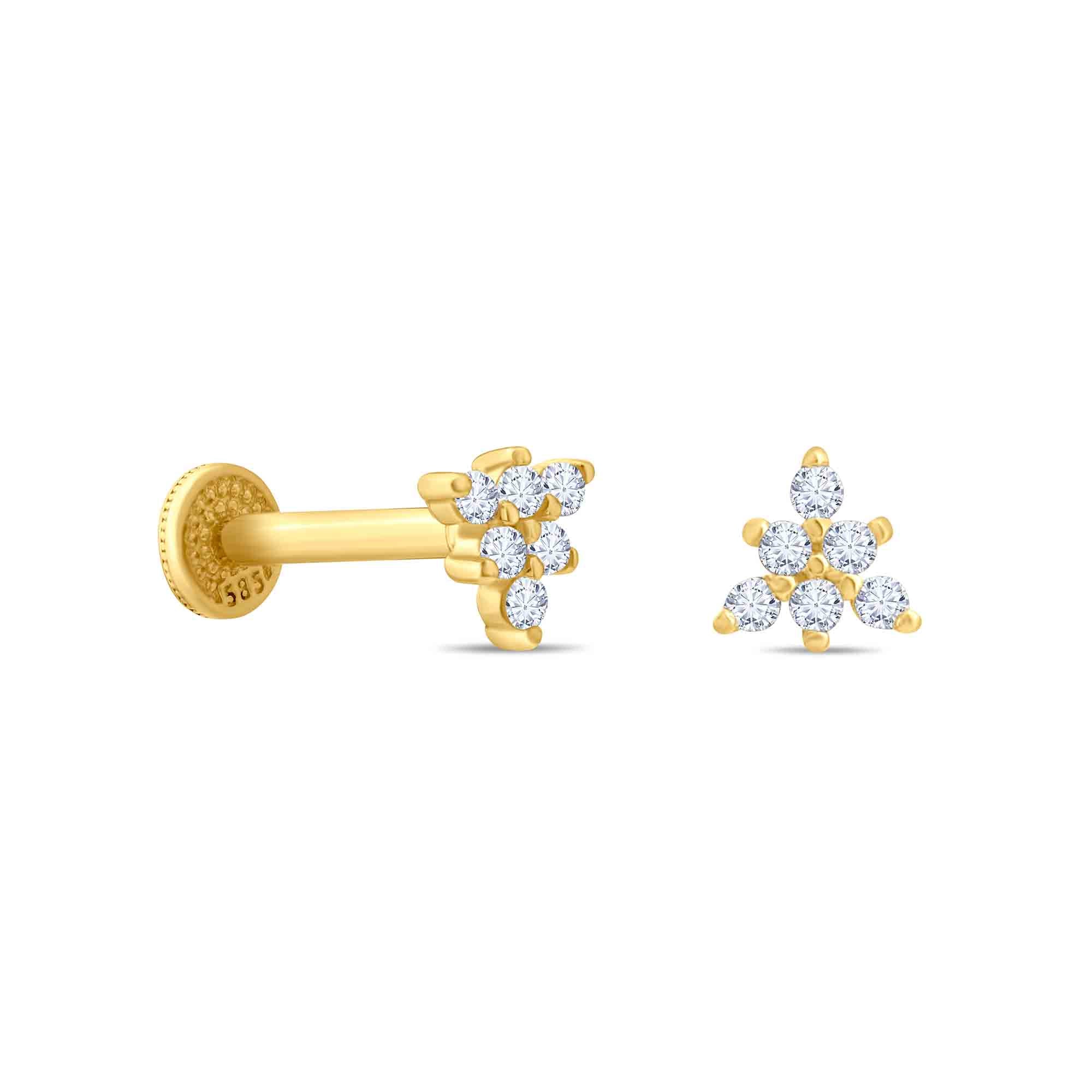 14K Solid Gold Floral Triangle CZ Cluster Piercing on a white background