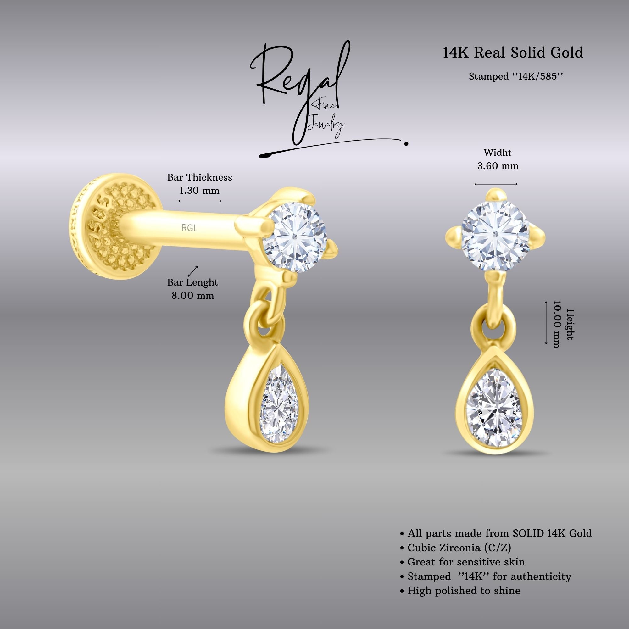 14k Gold piercings with clear cz stones on a gray background, featuring Regal Fine jewelry branding.