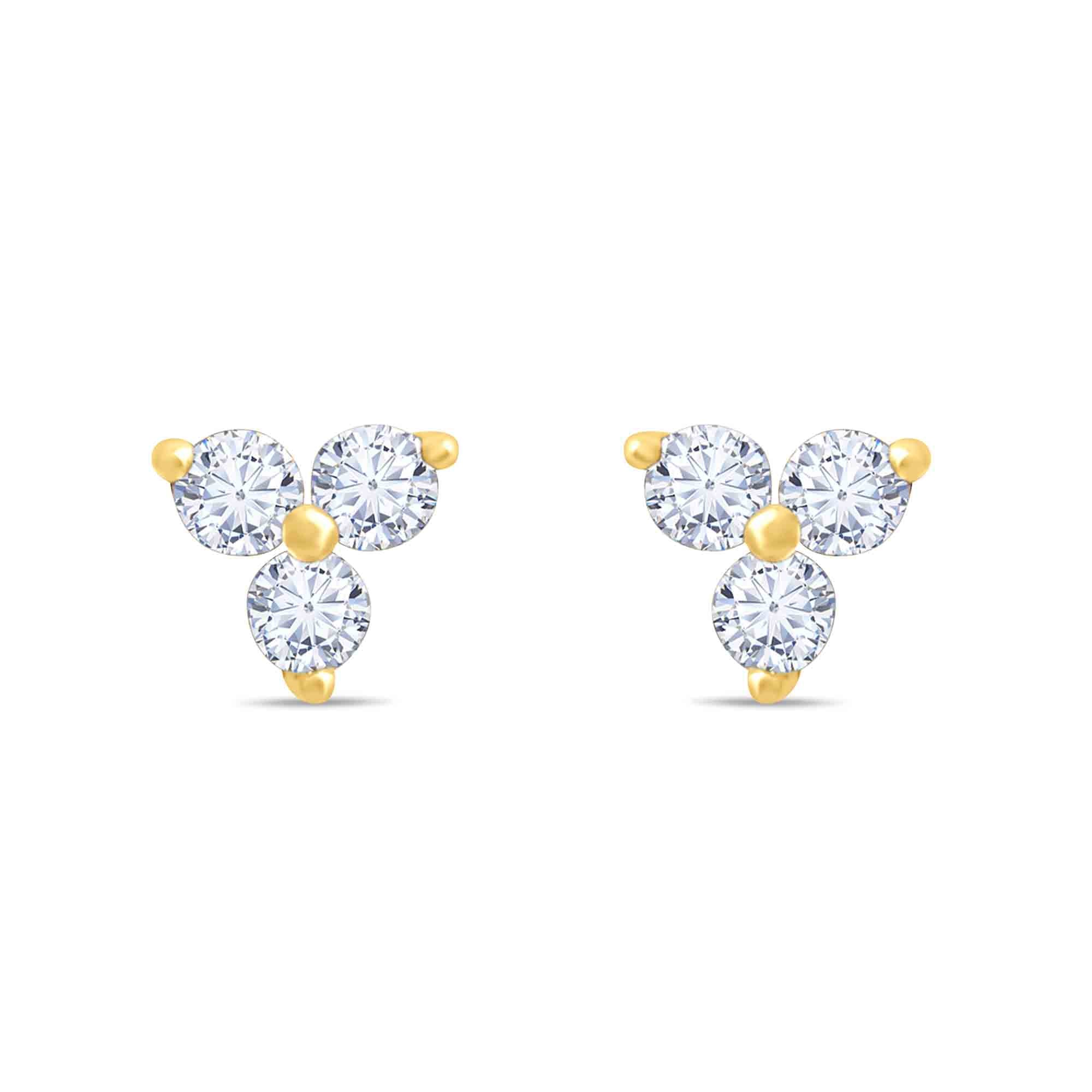 Pair 14K solid gold trinity CZ cluster piercings on a white background