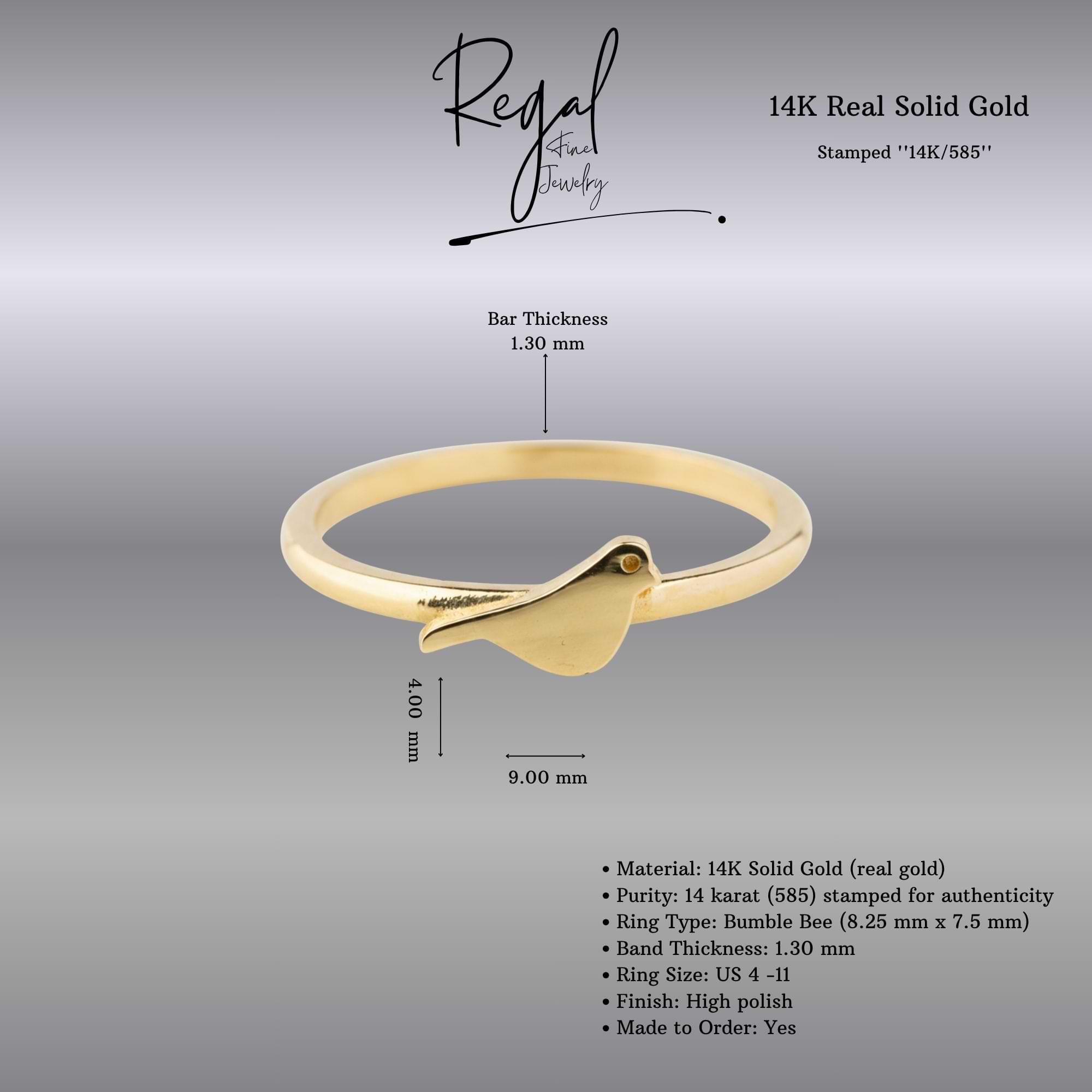 14K Solid Gold Bird Ring
