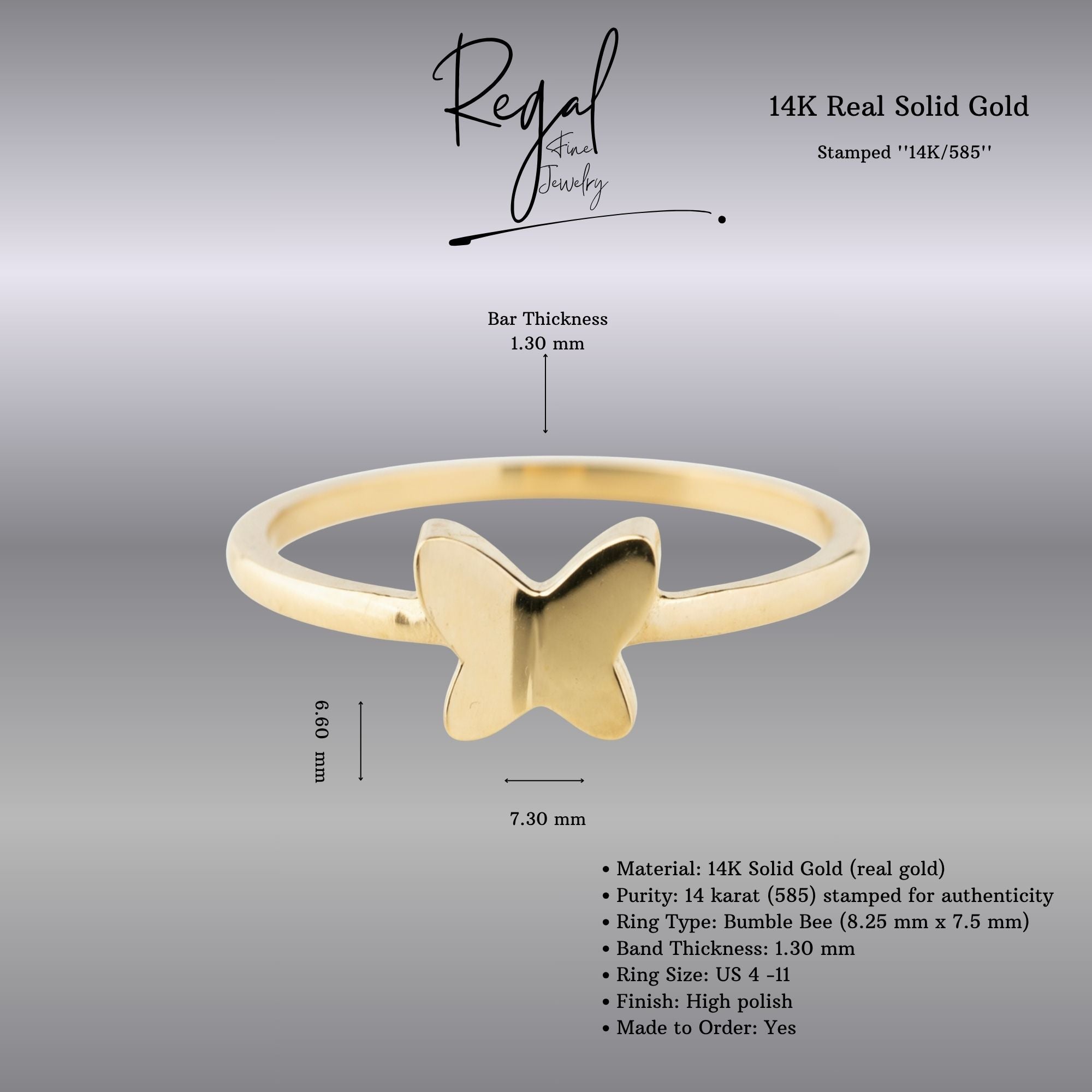 14K Solid Gold Butterfly Ring