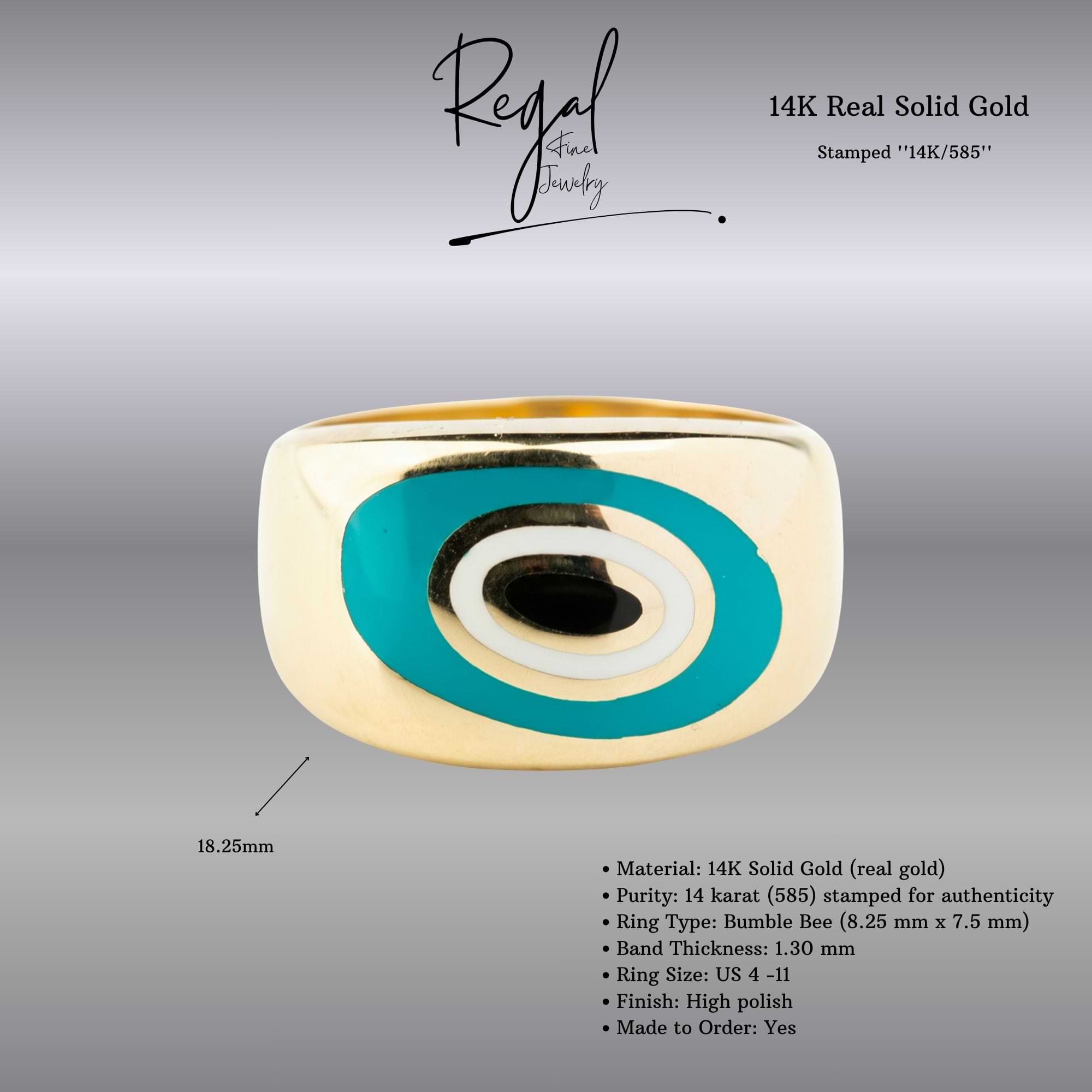 14K Solid Gold Large Dome Evil Eye Ring