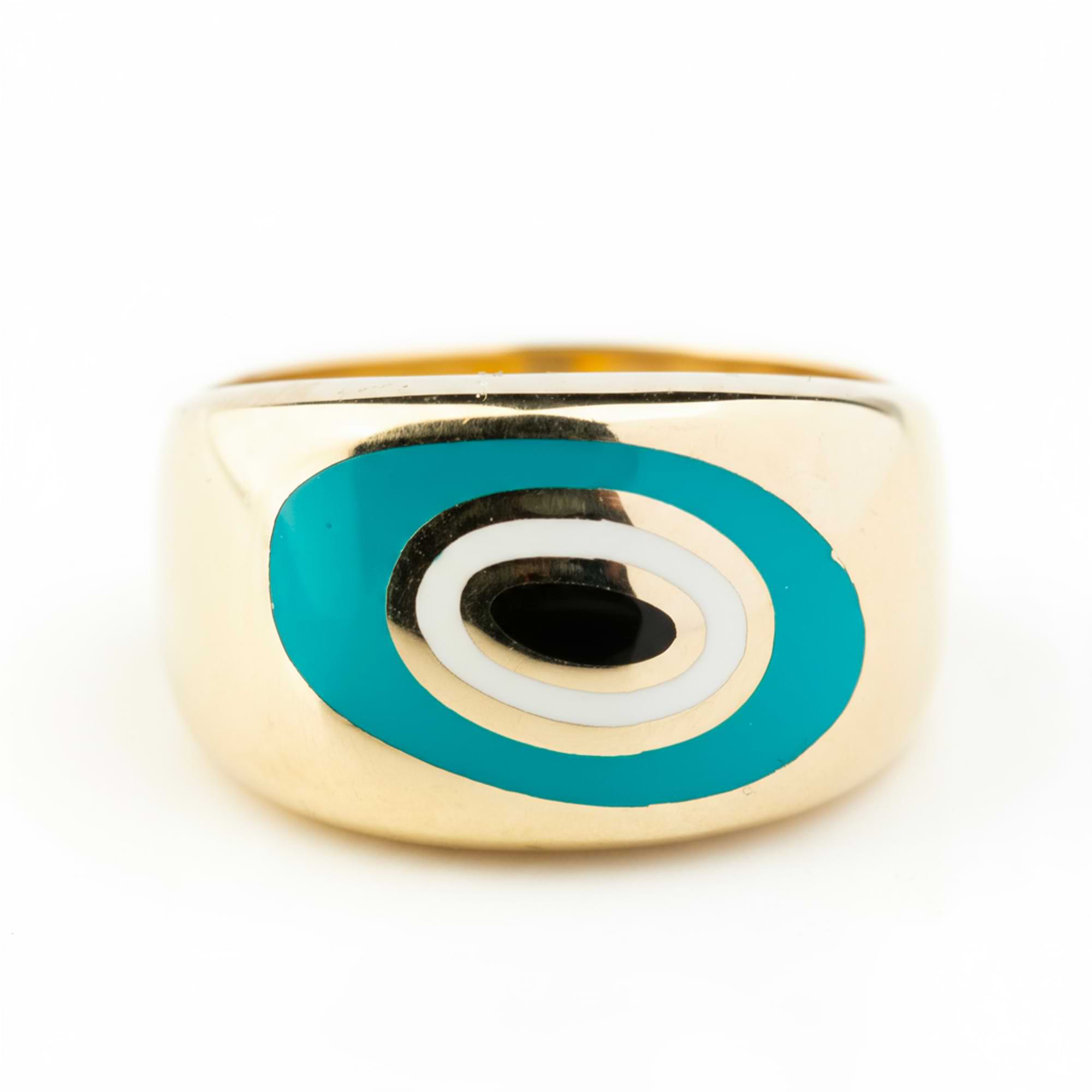 14k Gold ring with a turquoise evil eye design on a white background