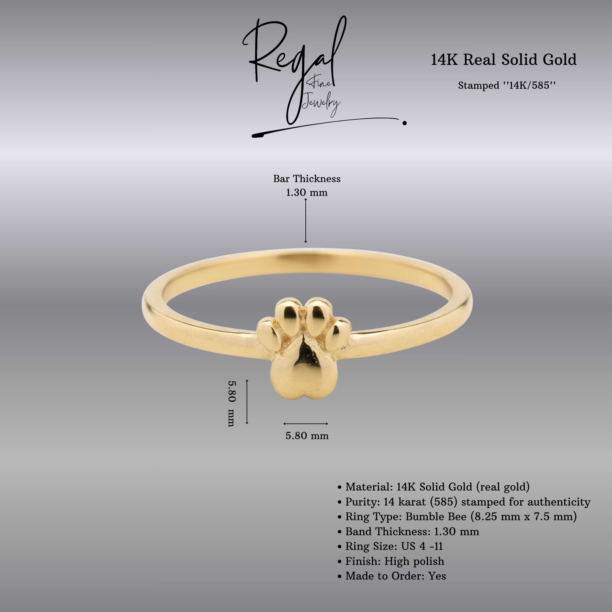 14K Solid Gold Paw Print Ring