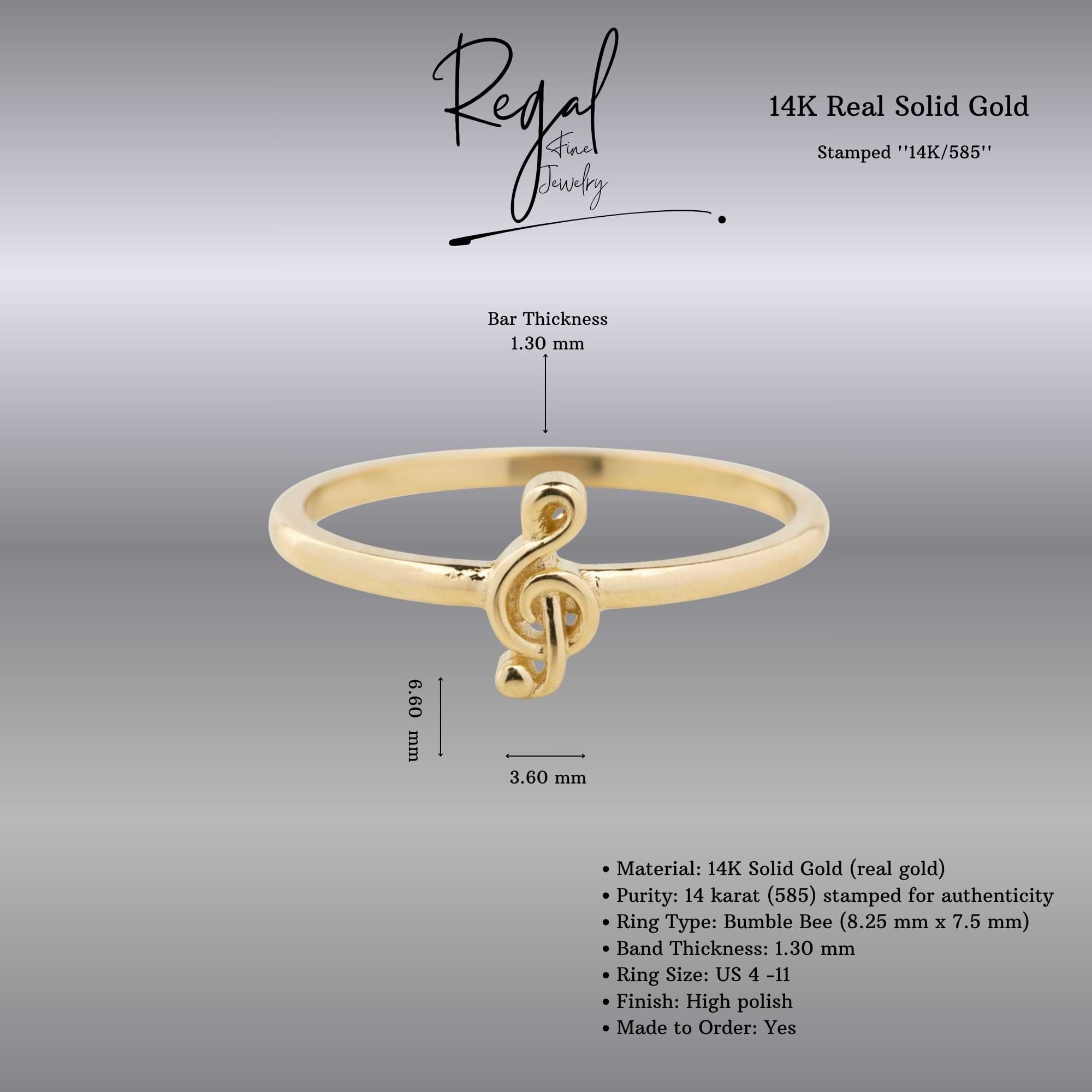 14K Solid Gold Treble Clef Ring