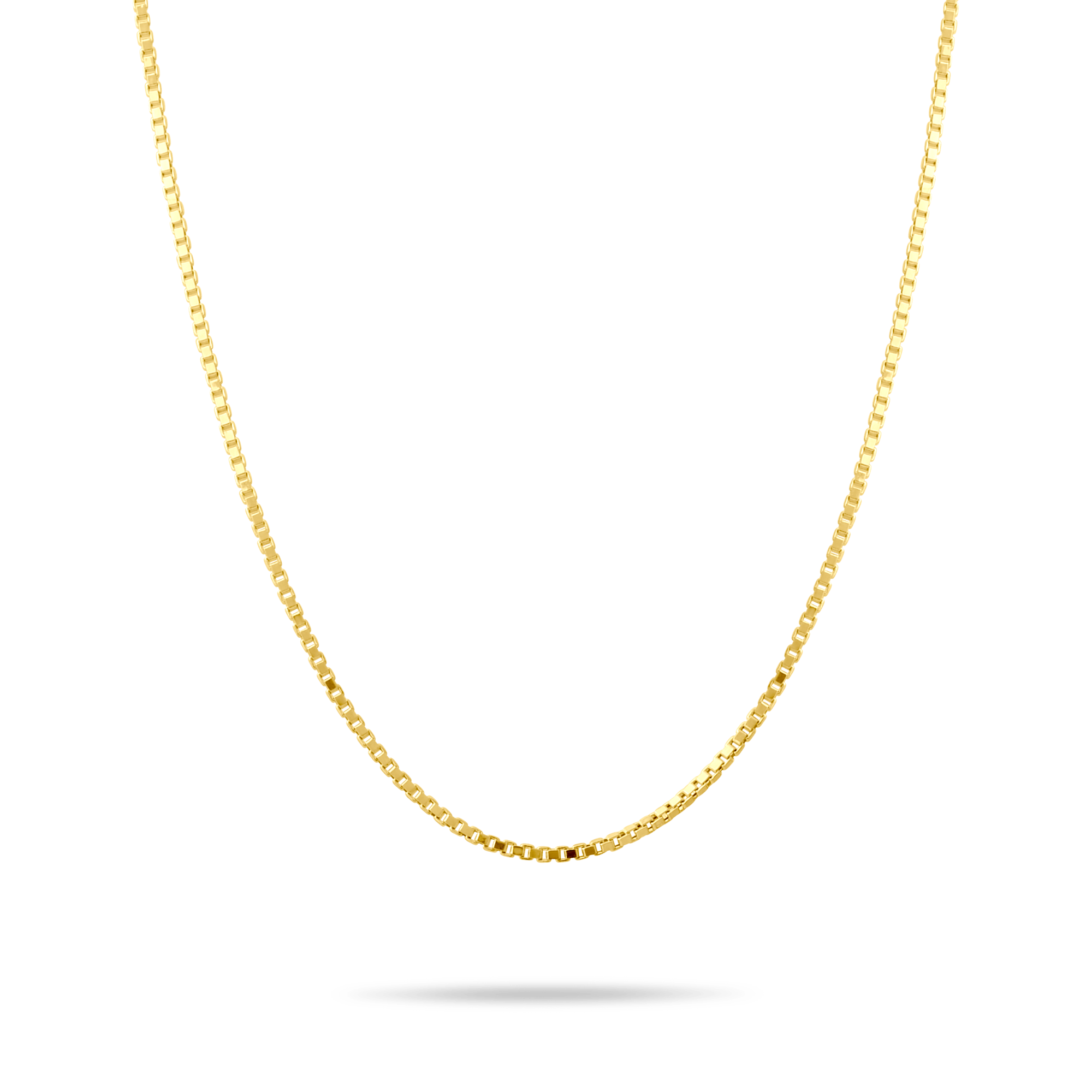 14k Gold 1.5mm box chain necklace on a transparent background