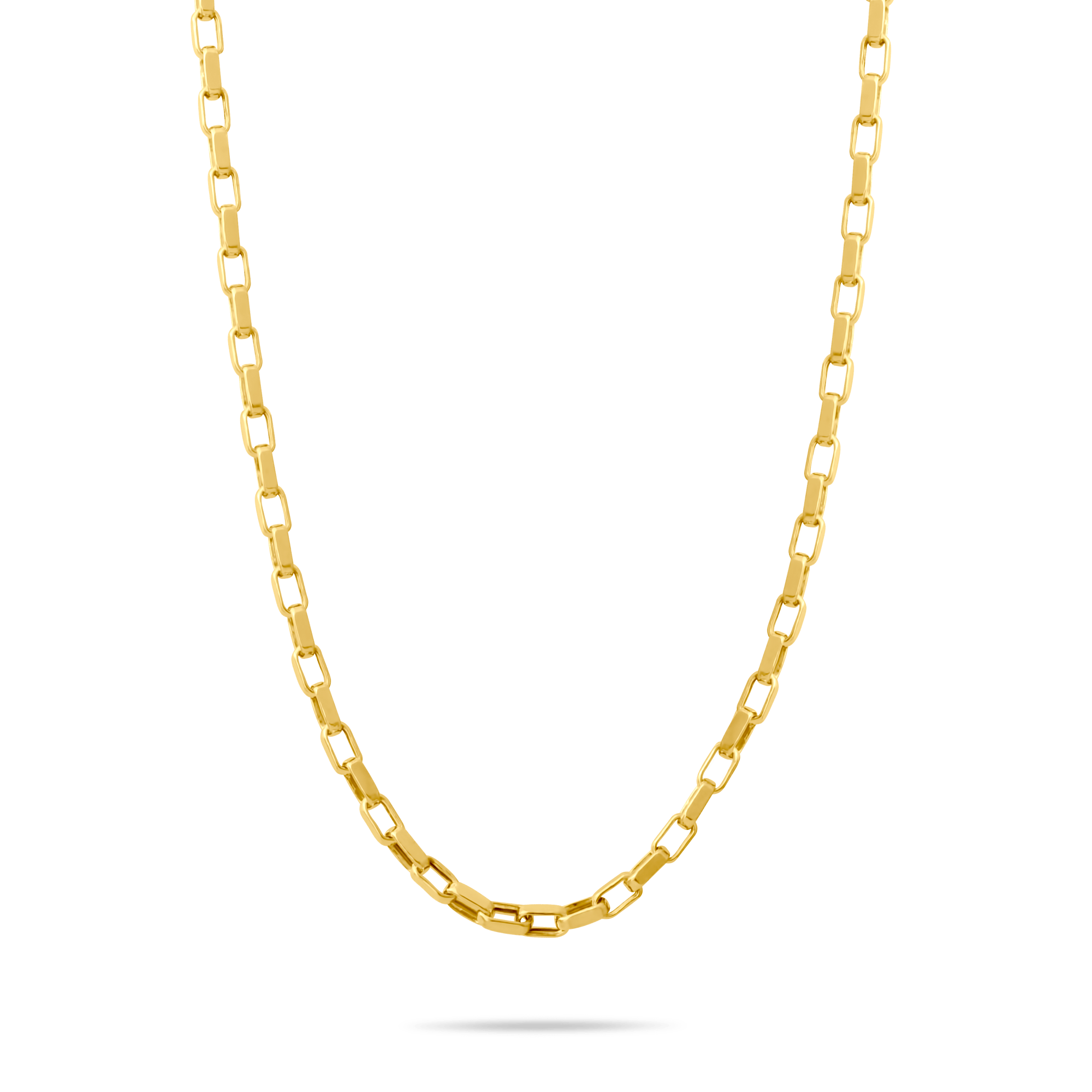 Gold 3mm cable chain necklace on a transparent background