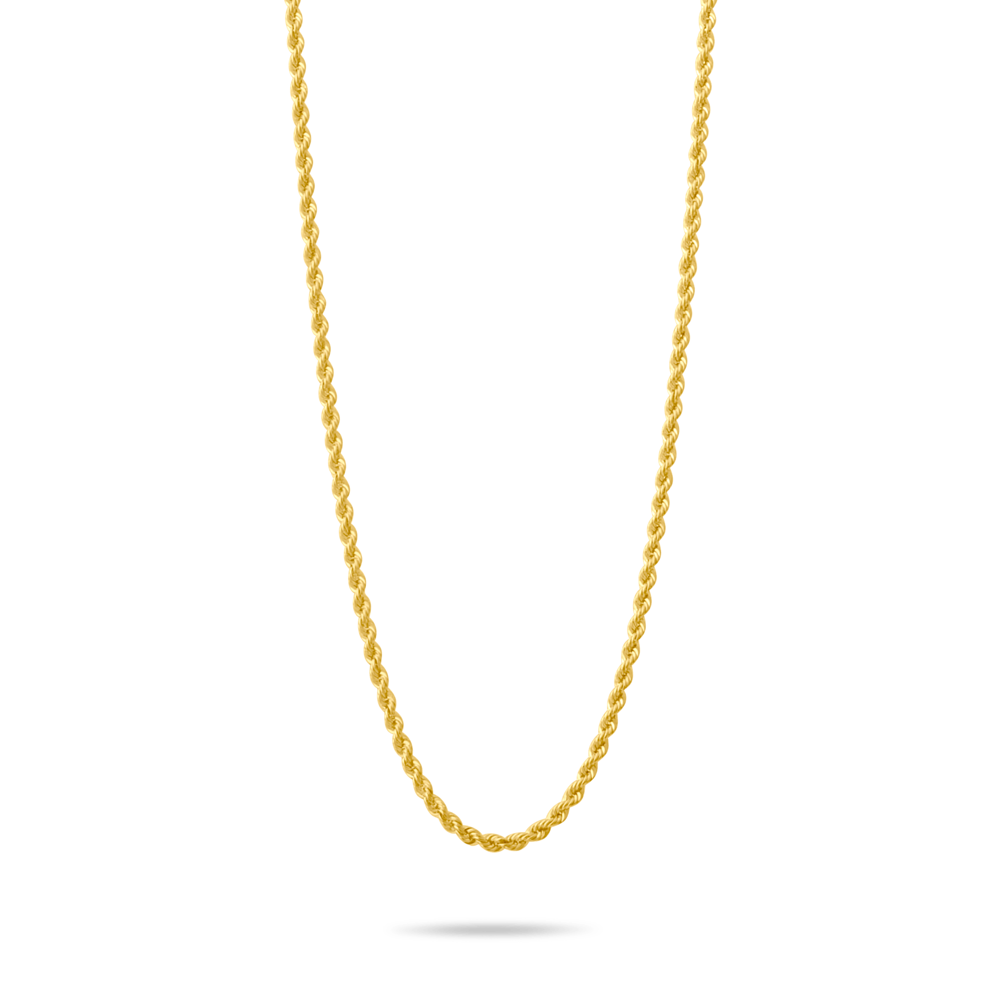 Gold 1.7mm rope chain on a transparent background
