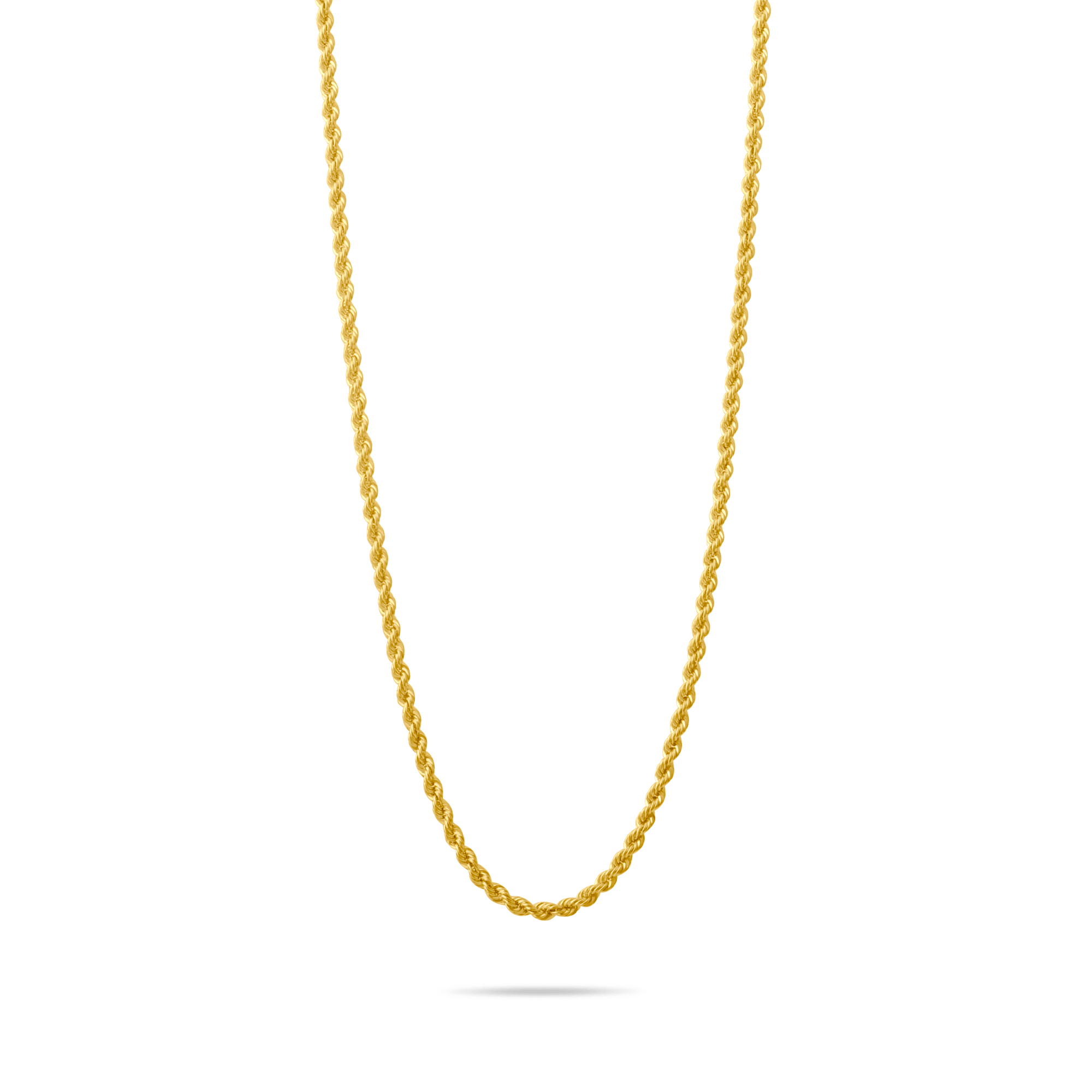 Gold 2.2mm rope chain on a transparent background