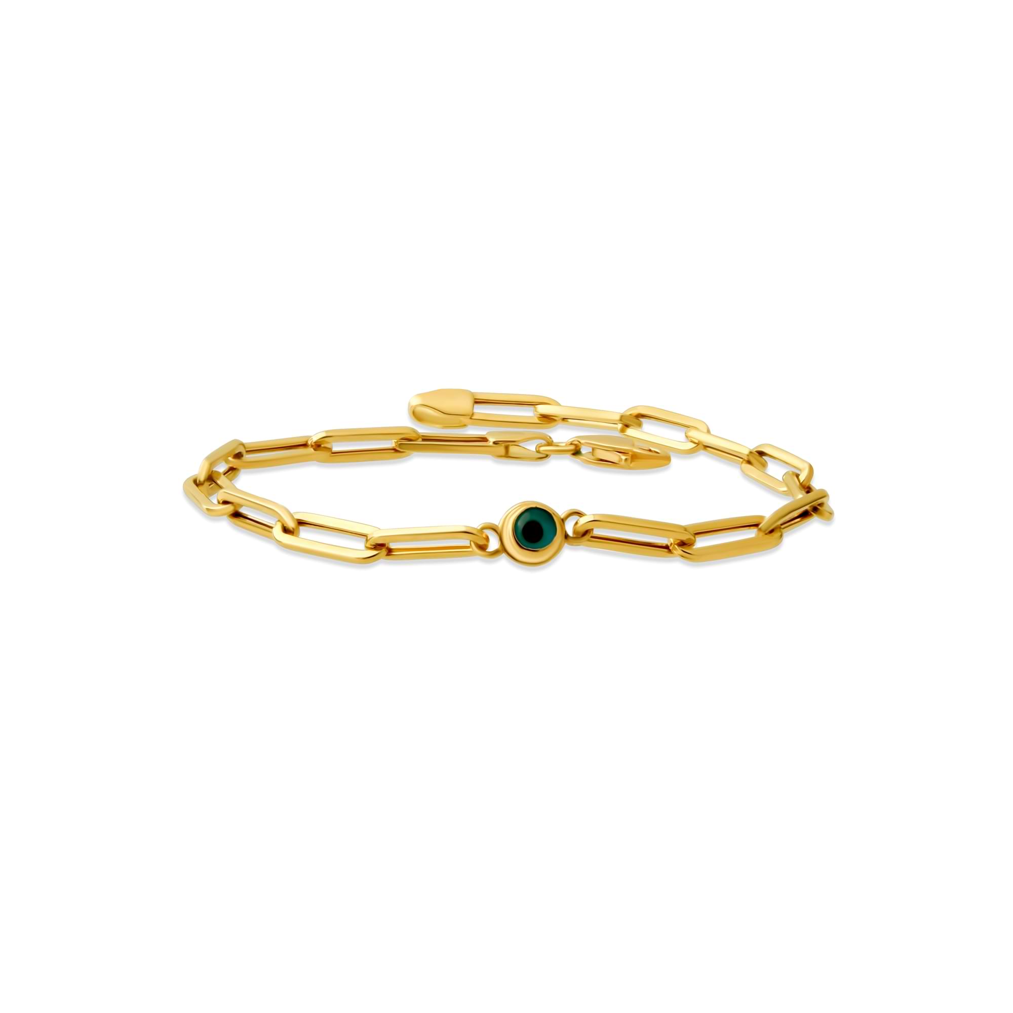 14K Gold Paperclip Evil Eye Charm Bracelet – 4 mm, 6-7.5 in