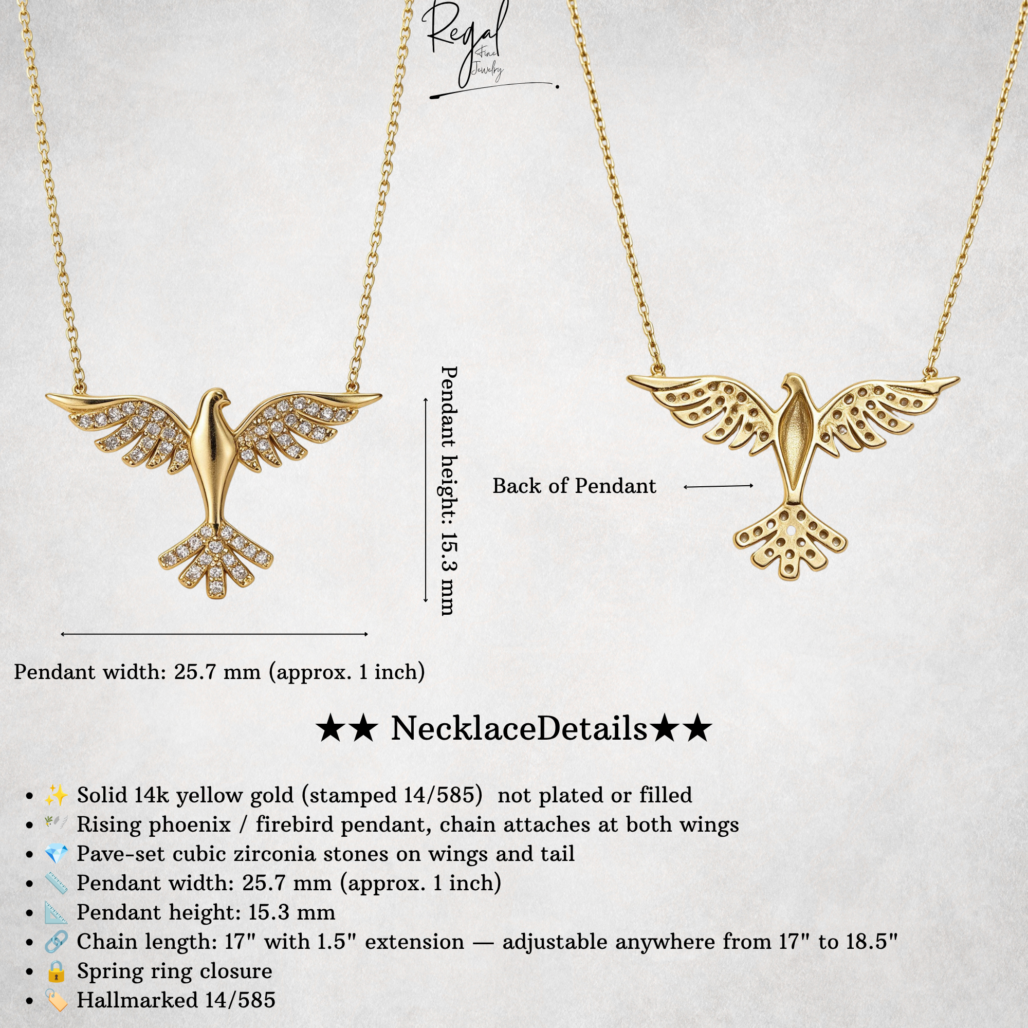 14k Gold phoenix pendant necklace shown from front and back on a light textured background, with chain length, pendant measurements, and product details text below.