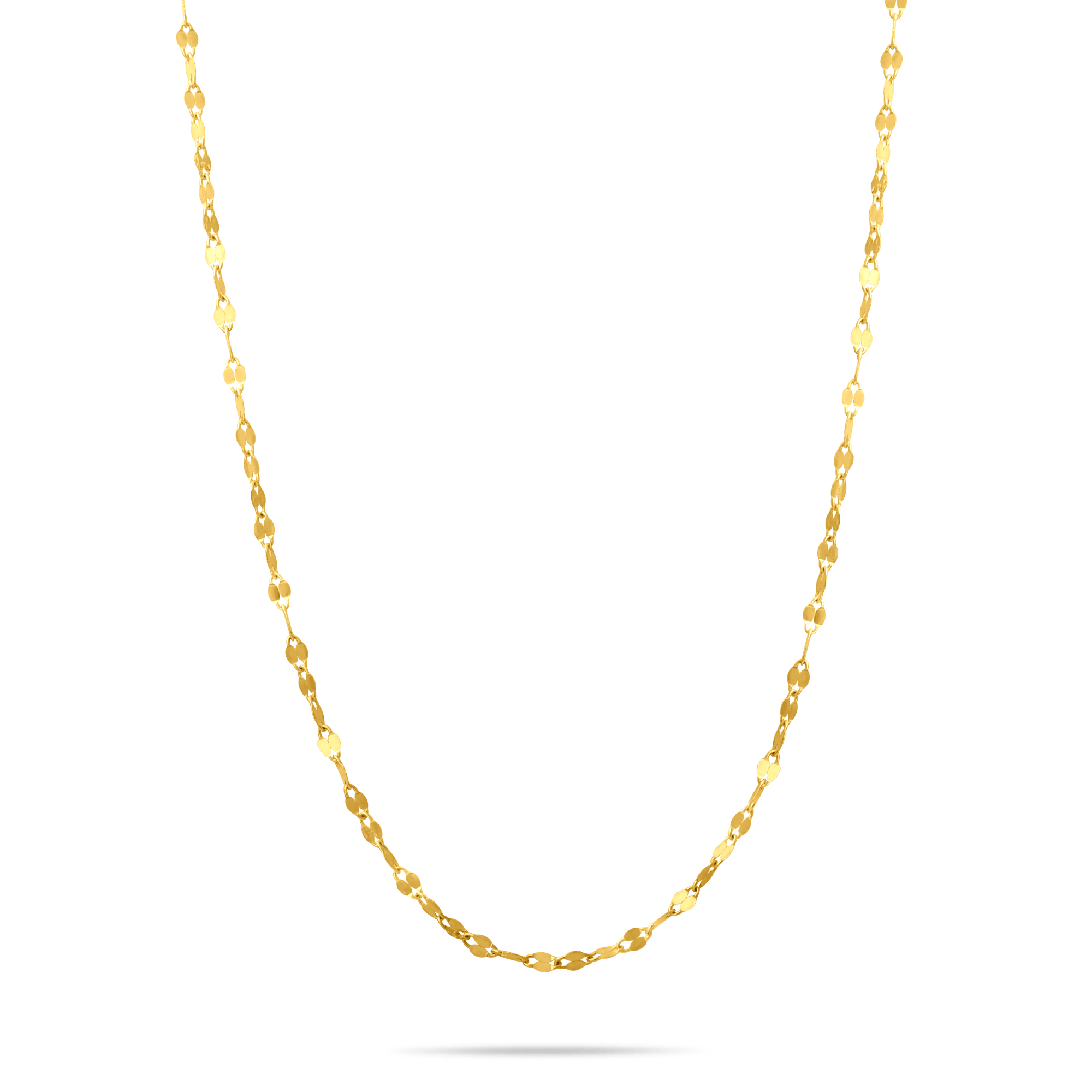 Gold 3mm sequin chain necklace on a transparent background