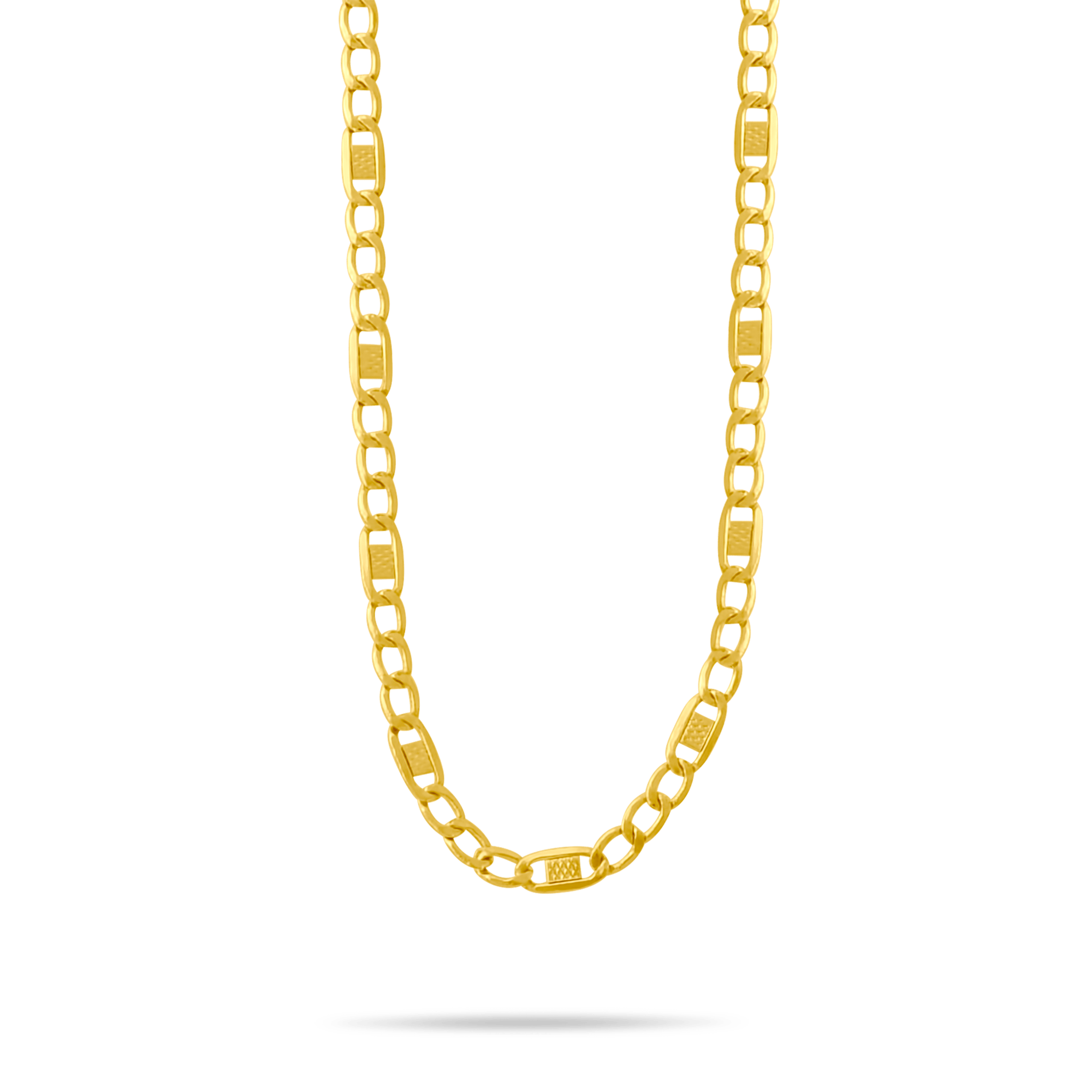 Gold 2.5mm textured figaro chain on a transparent background