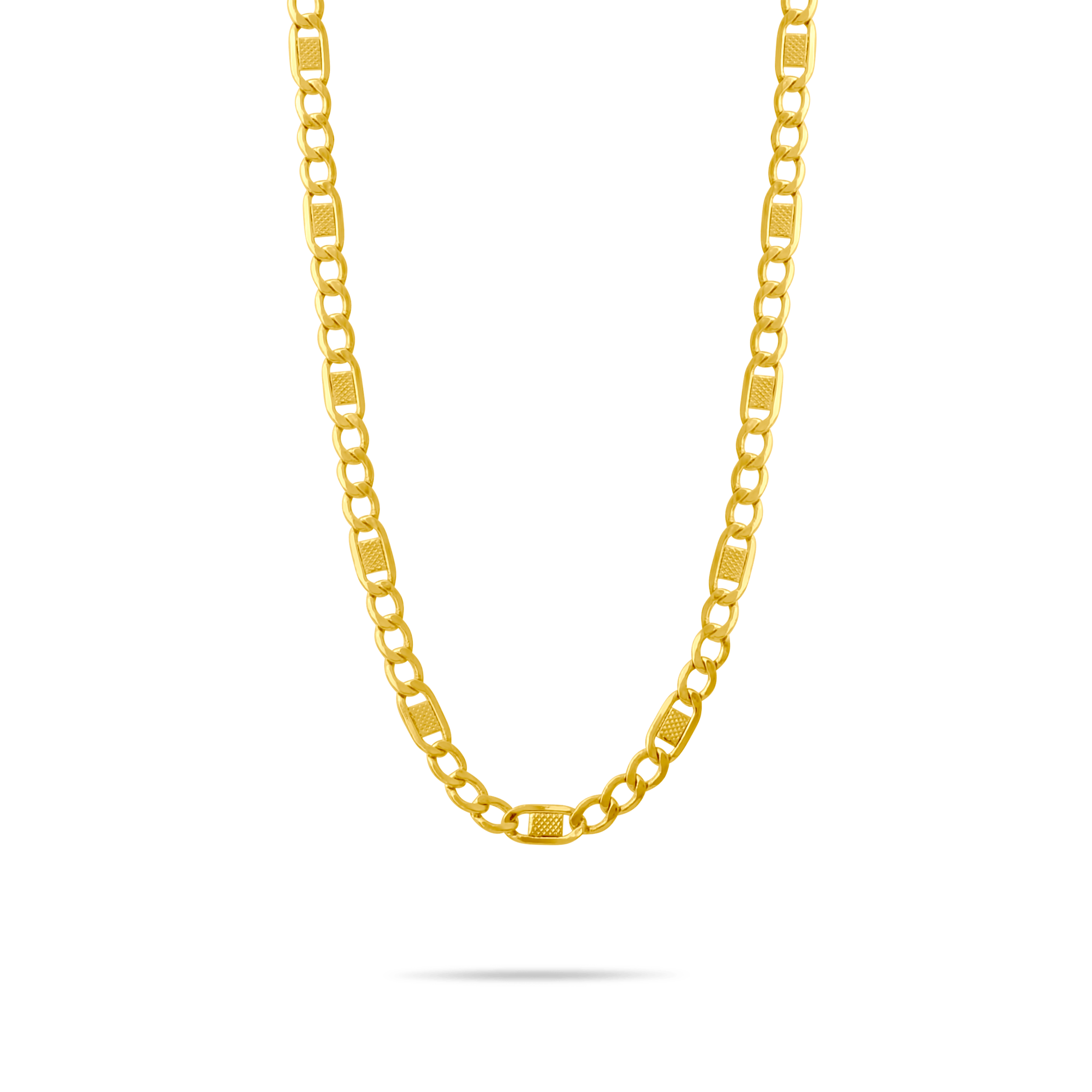 14k Gold 3.5mm textured figaro chain on a transparent background