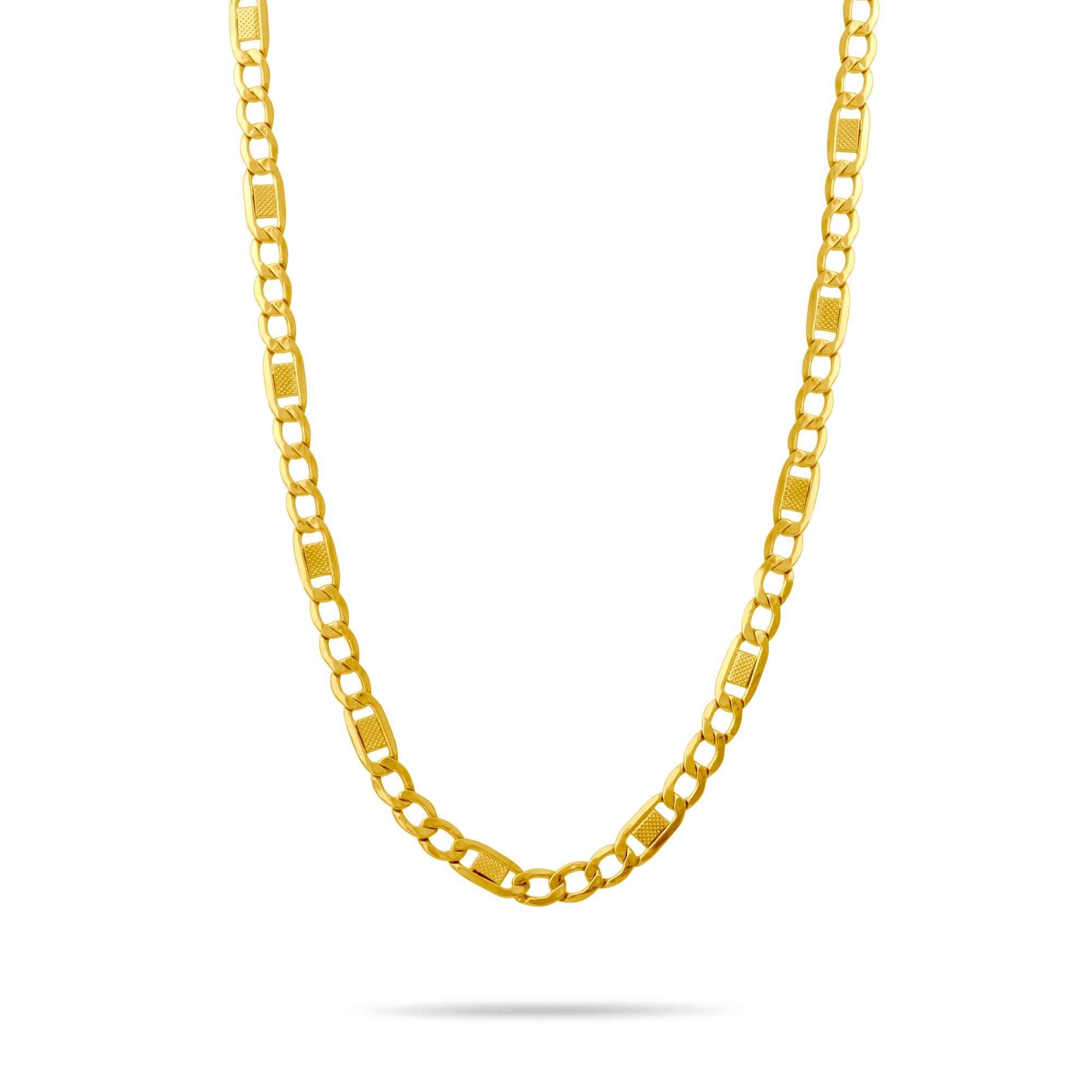 Gold 4.5mm textured figaro chain on a transparent background