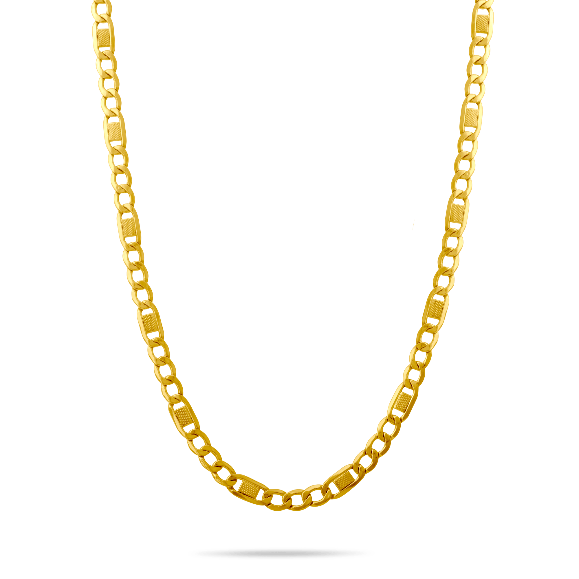 Gold 5.5mm textured figaro chain on a transparent background