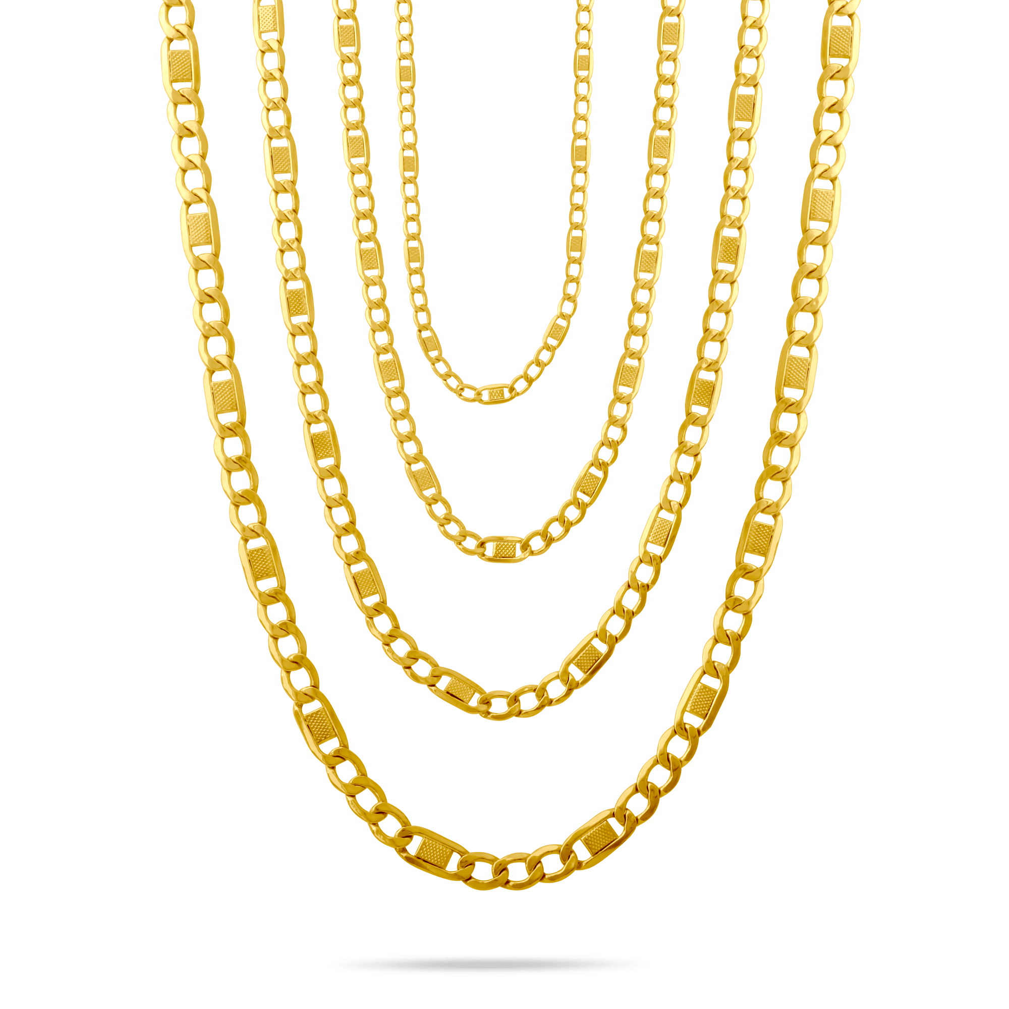 14k gold textured figaro chains stacked on a transparent background