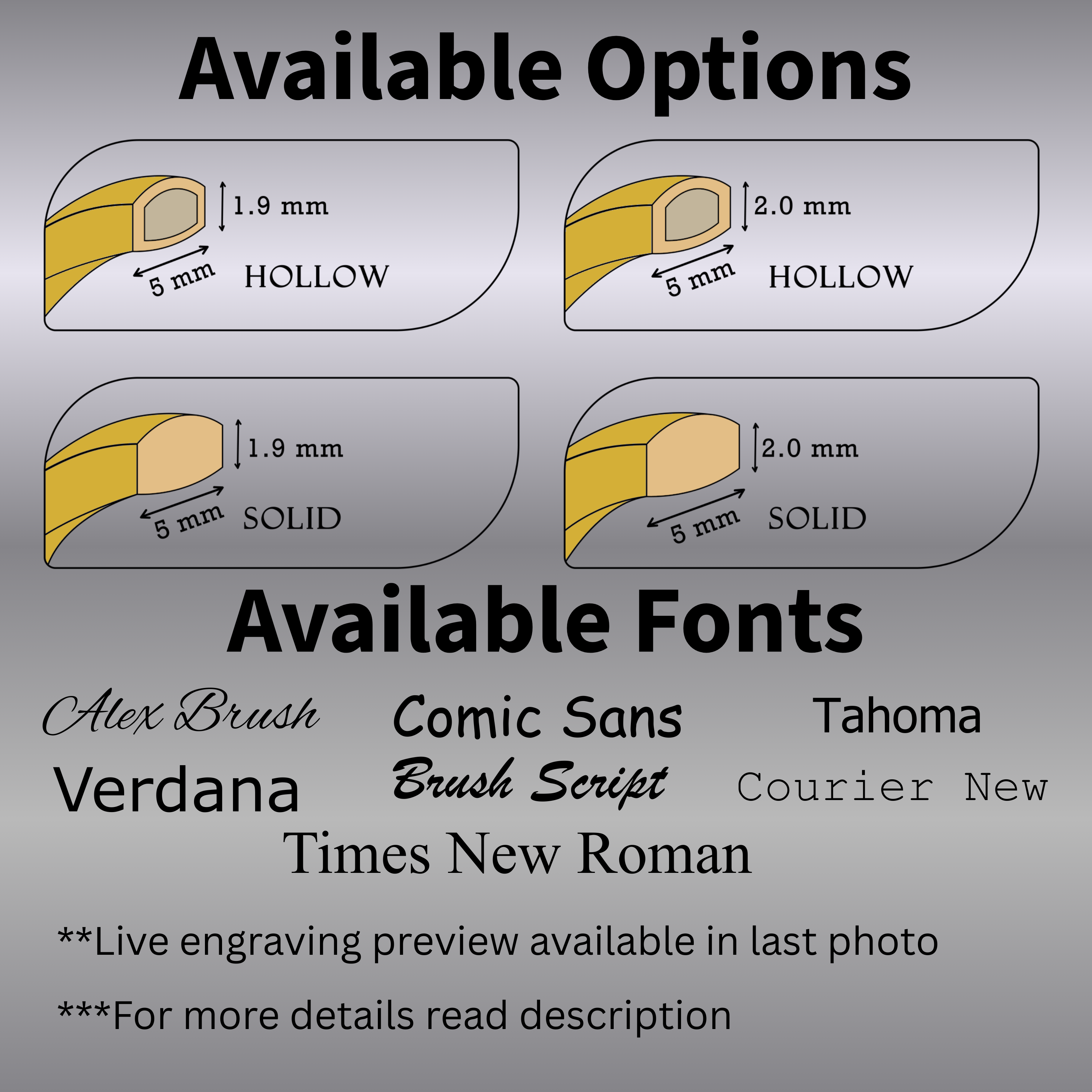 Diagram of 5mm solid gold wedding band options—hollow and solid profiles in two heights—with engraving font choices (Alex Brush, Comic Sans, Verdana, Brush Script, Times New Roman, Tahoma, Courier New) and note to read description.