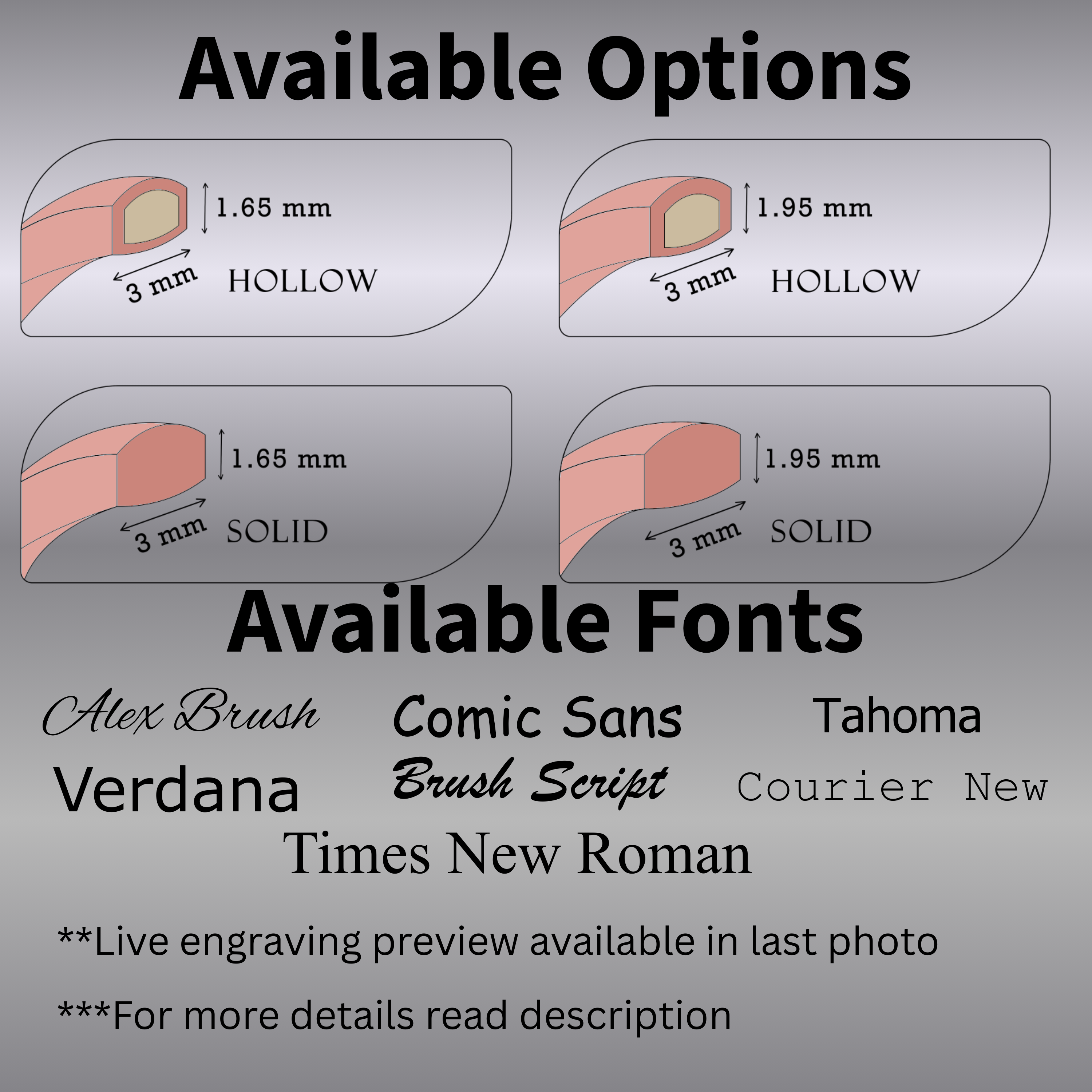 Diagram of 3mm solid rose gold wedding band options—hollow and solid profiles in two heights—with engraving font choices (Alex Brush, Comic Sans, Verdana, Brush Script, Times New Roman, Tahoma, Courier New) and note to read description.