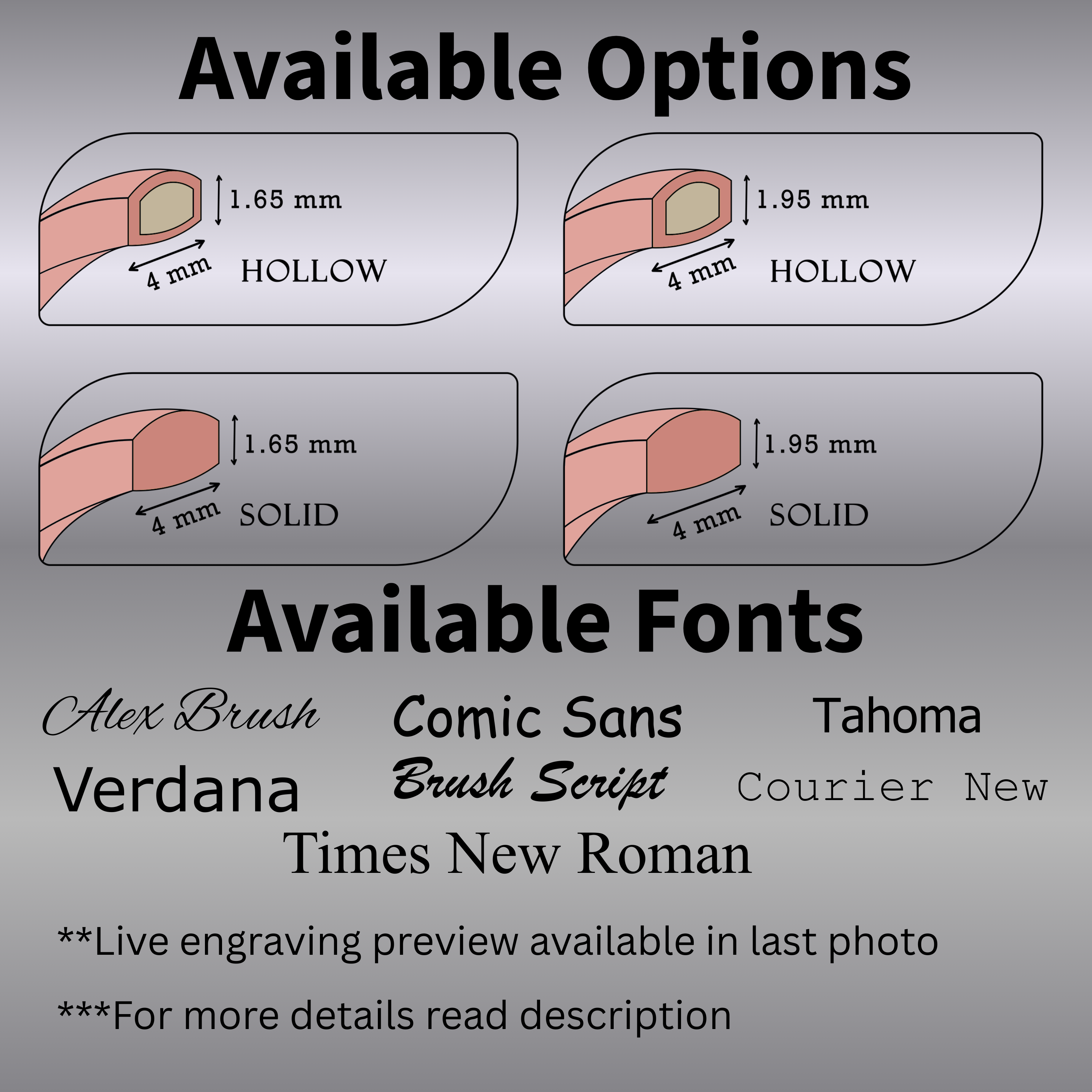 Diagram of 4mm 14k rose gold wedding band options—hollow and solid in two profile heights—along with engraving font choices such as Alex Brush, Comic Sans, Verdana, Times New Roman, and note to see live preview in last photo.