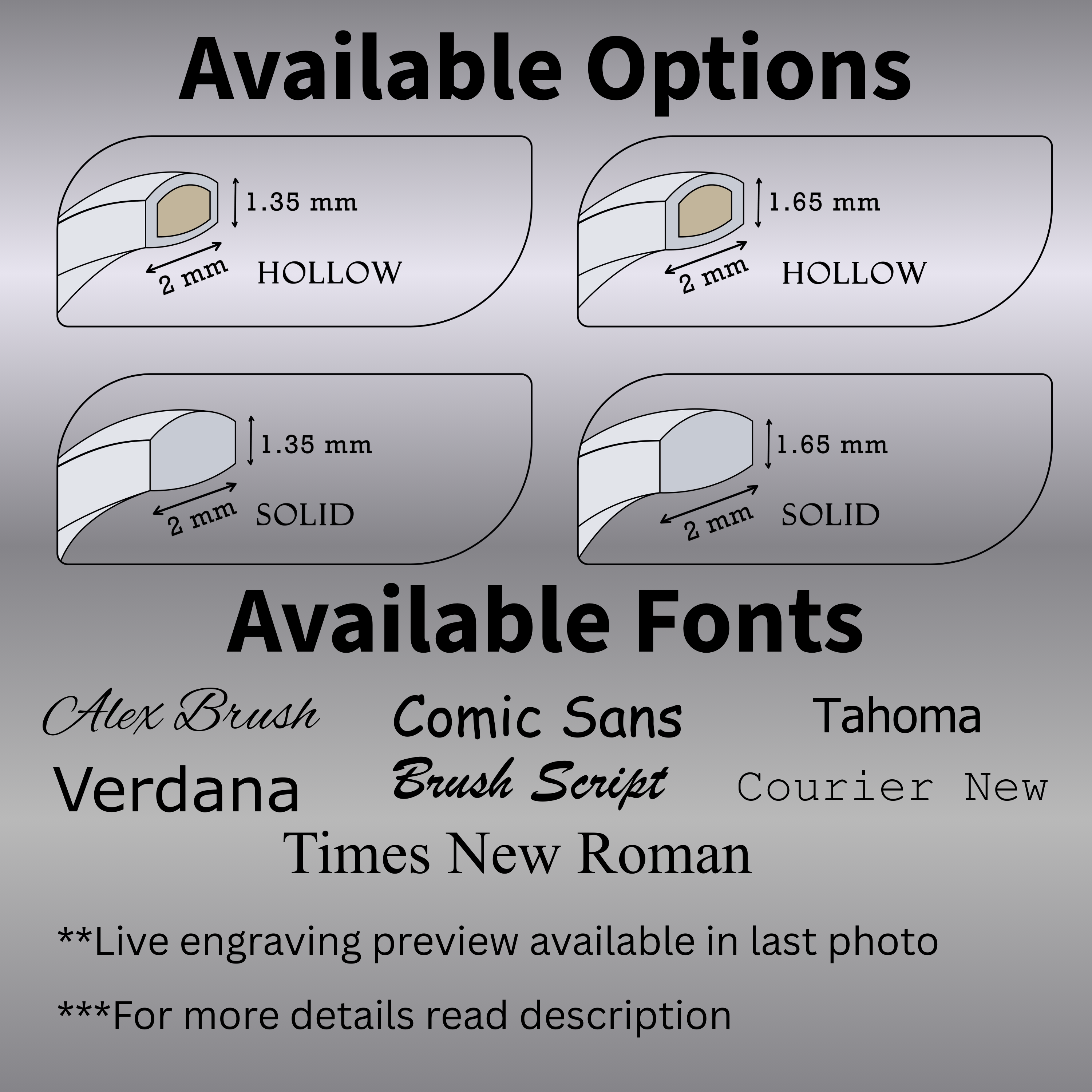 Diagram of 2mm white gold wedding band options—hollow and solid profiles in two heights—with engraving font choices (Alex Brush, Comic Sans, Verdana, Brush Script, Times New Roman, Tahoma, Courier New) and note to read description.