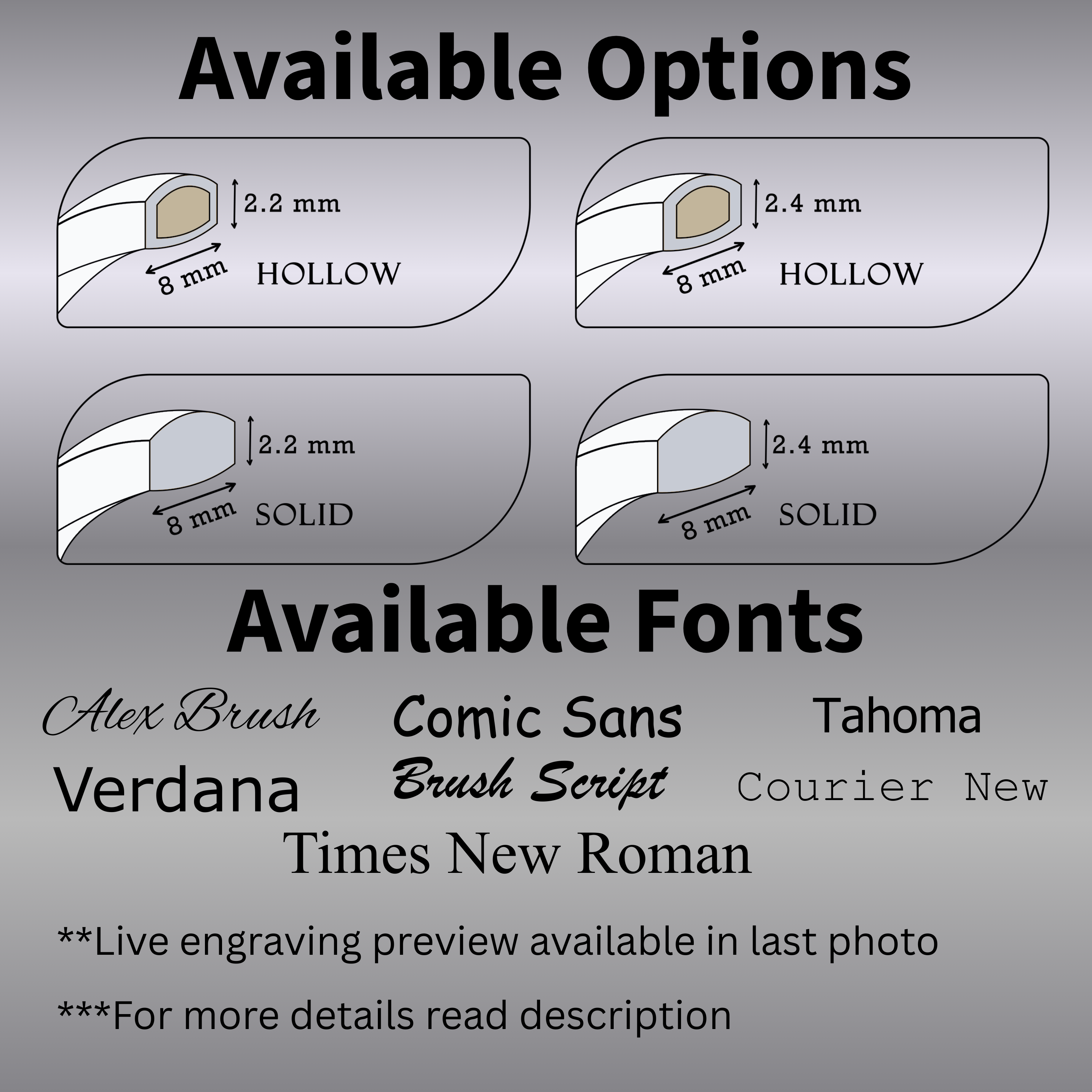 Diagram of 8mm white gold wedding band options—hollow and solid profiles in two heights—with engraving font list (Alex Brush, Comic Sans, Verdana, Brush Script, Times New Roman, Tahoma, Courier New).
