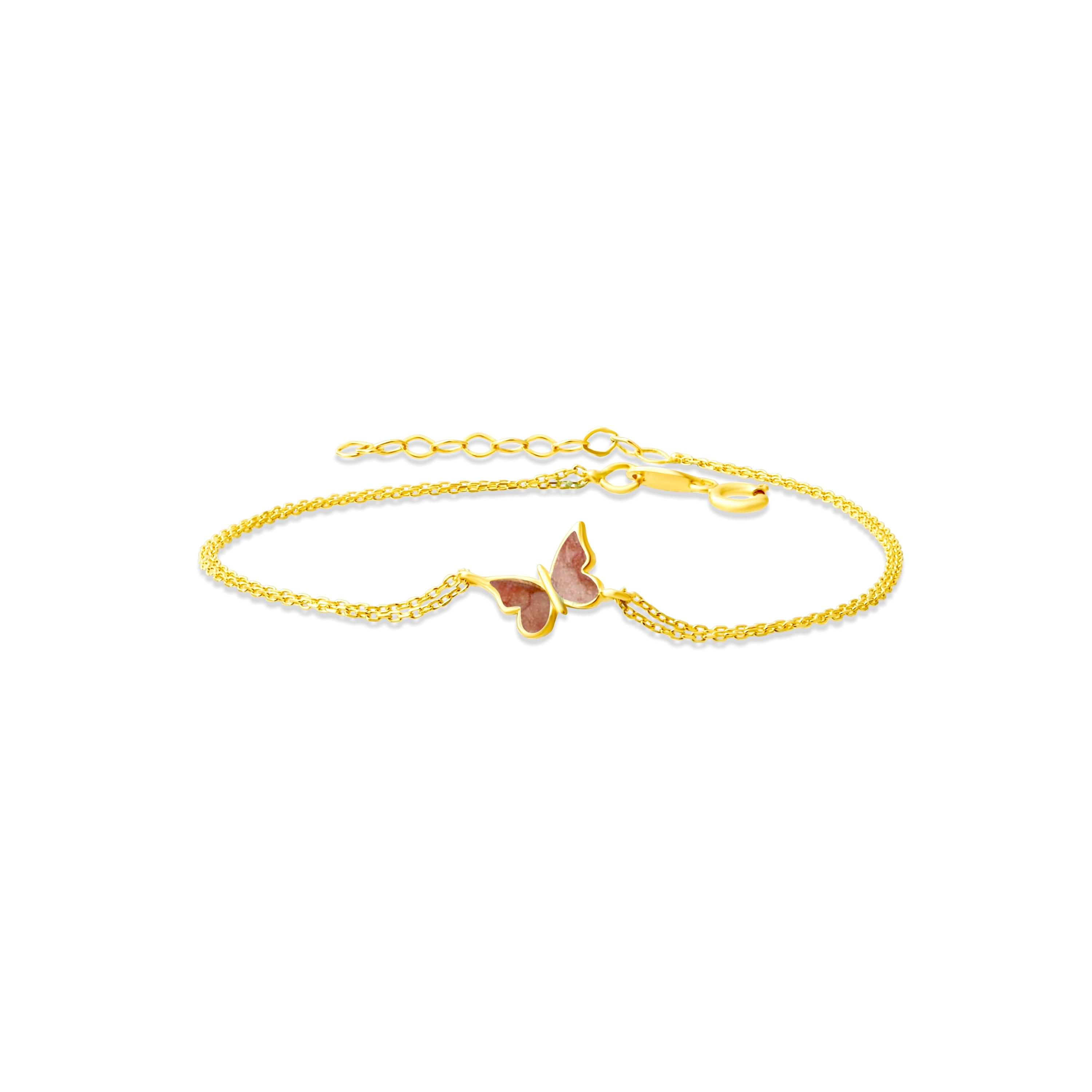 14k gold double chain bracelet with pink enamel butterfly charm and adjustable lobster clasp, on white background