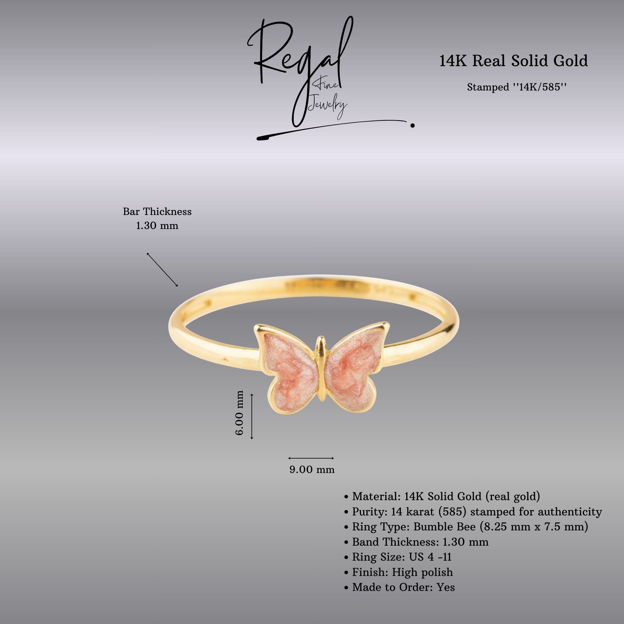 14k Gold Pink Butterfly Ring