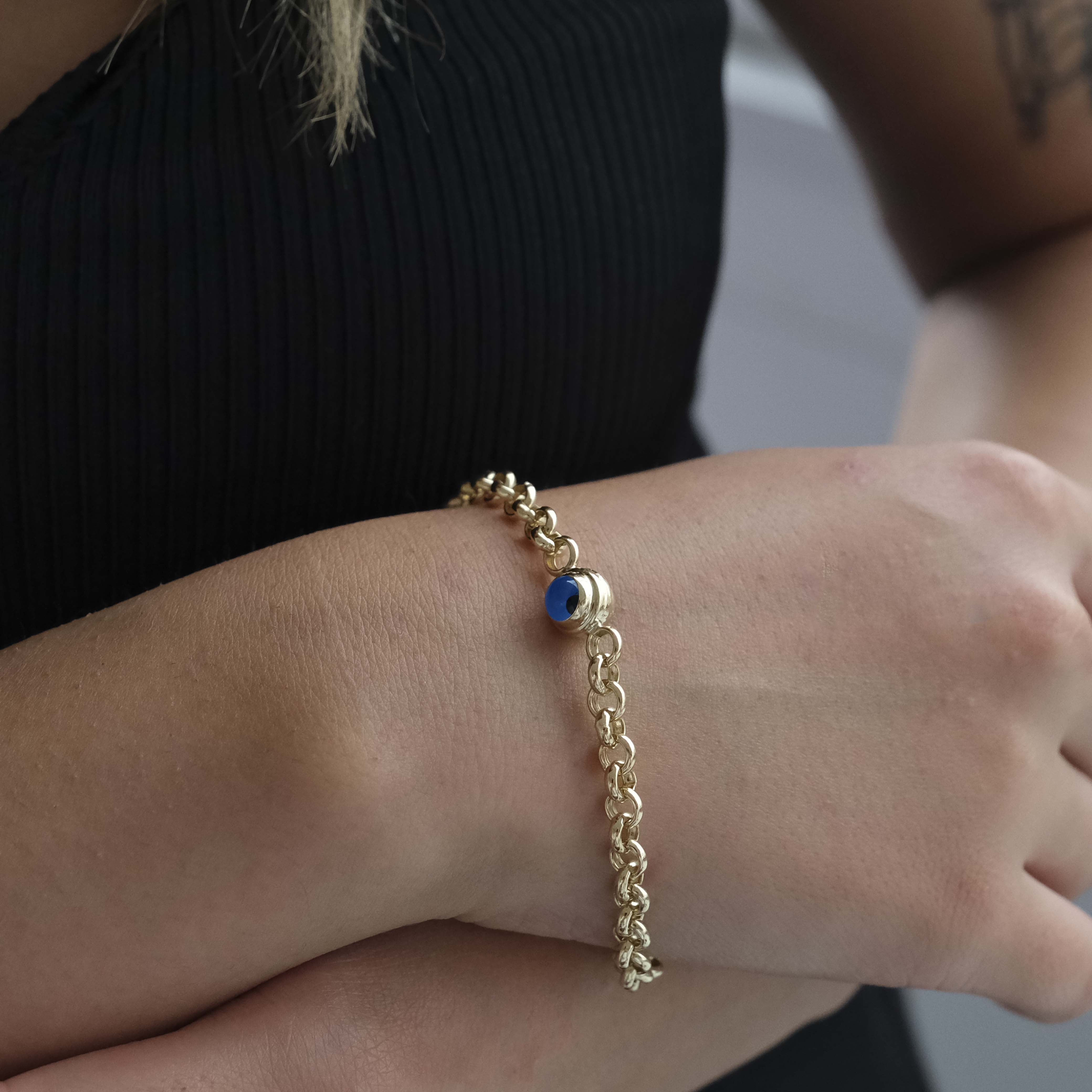 14K Gold Rolo Chain Bracelet with Evil Eye Charms - Symbol of Protection and Style