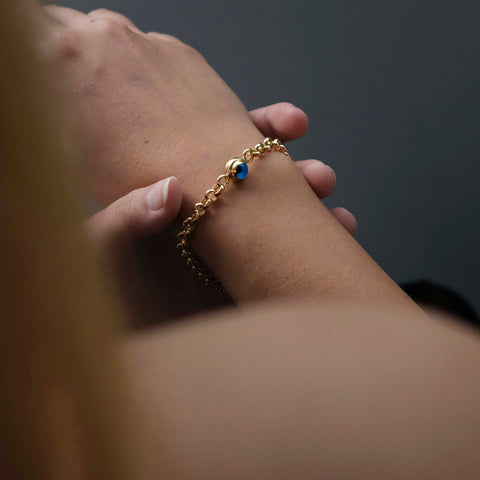14K Gold Rolo Chain Bracelet with Evil Eye Charms - Symbol of Protection and Style