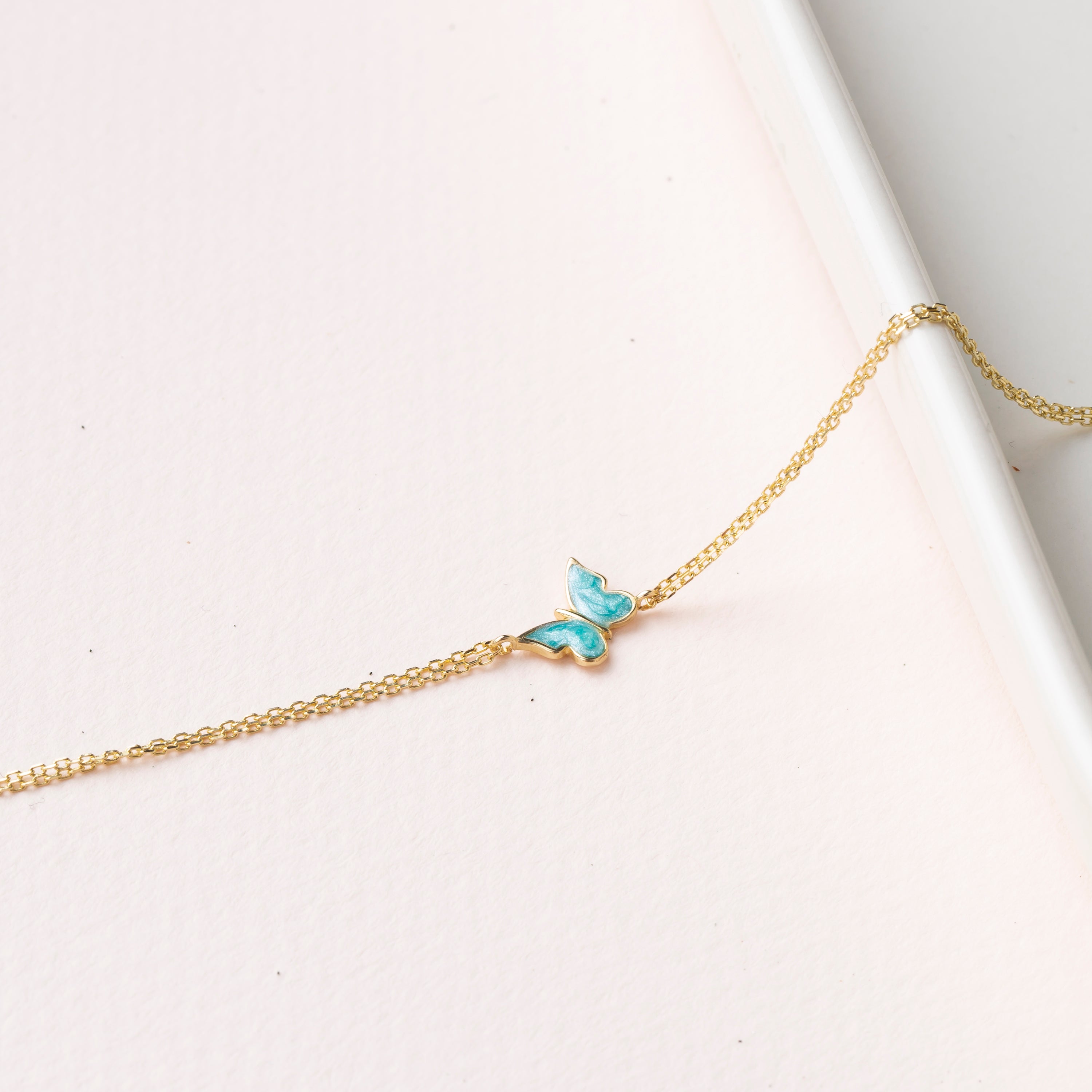 14K Gold Butterfly Bracelet - Enamel Blue, Pink, or White Colored, Dainty and Elegant Jewelry for Her