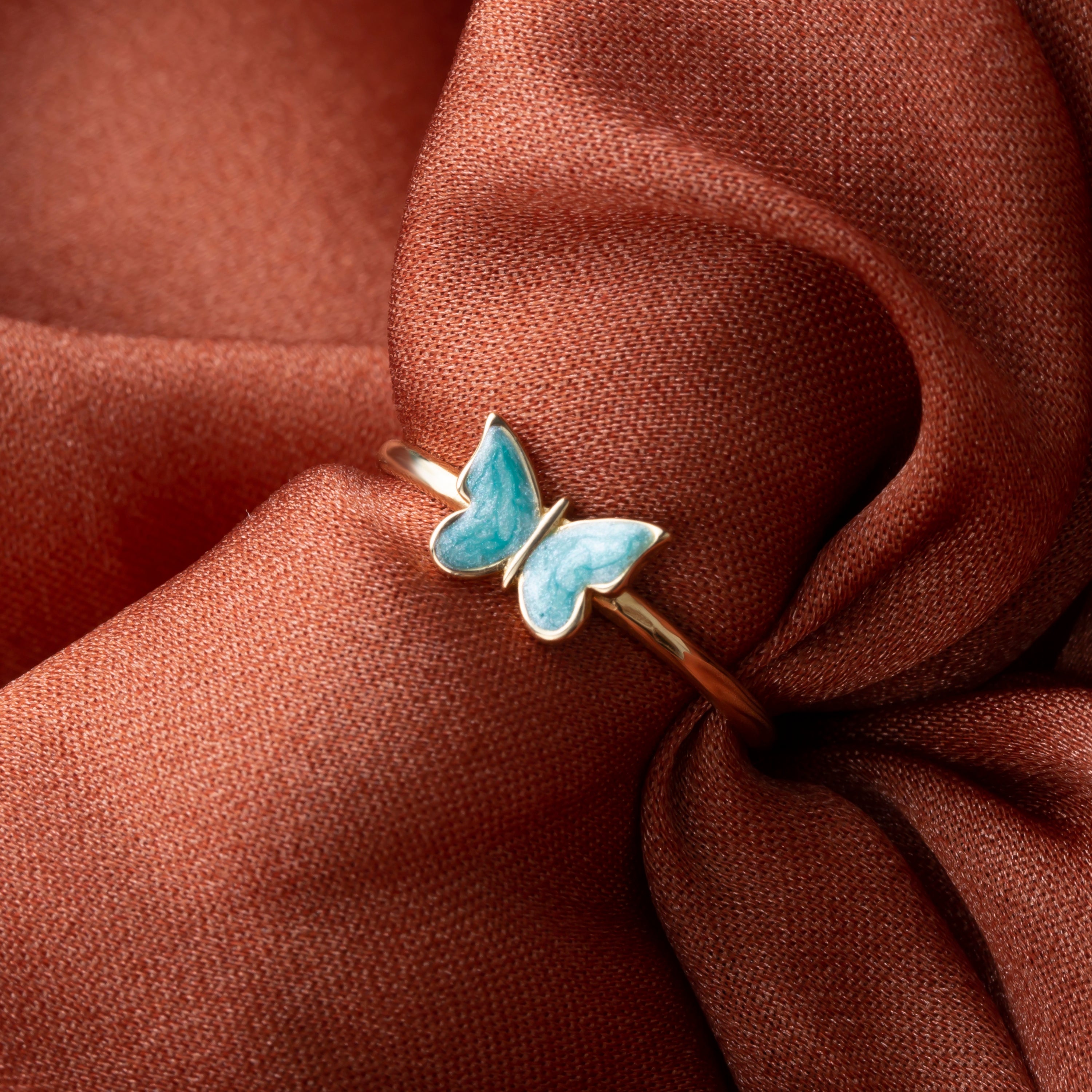 14K Gold Butterfly Ring Elegant Enamel Design in White Pink Blue