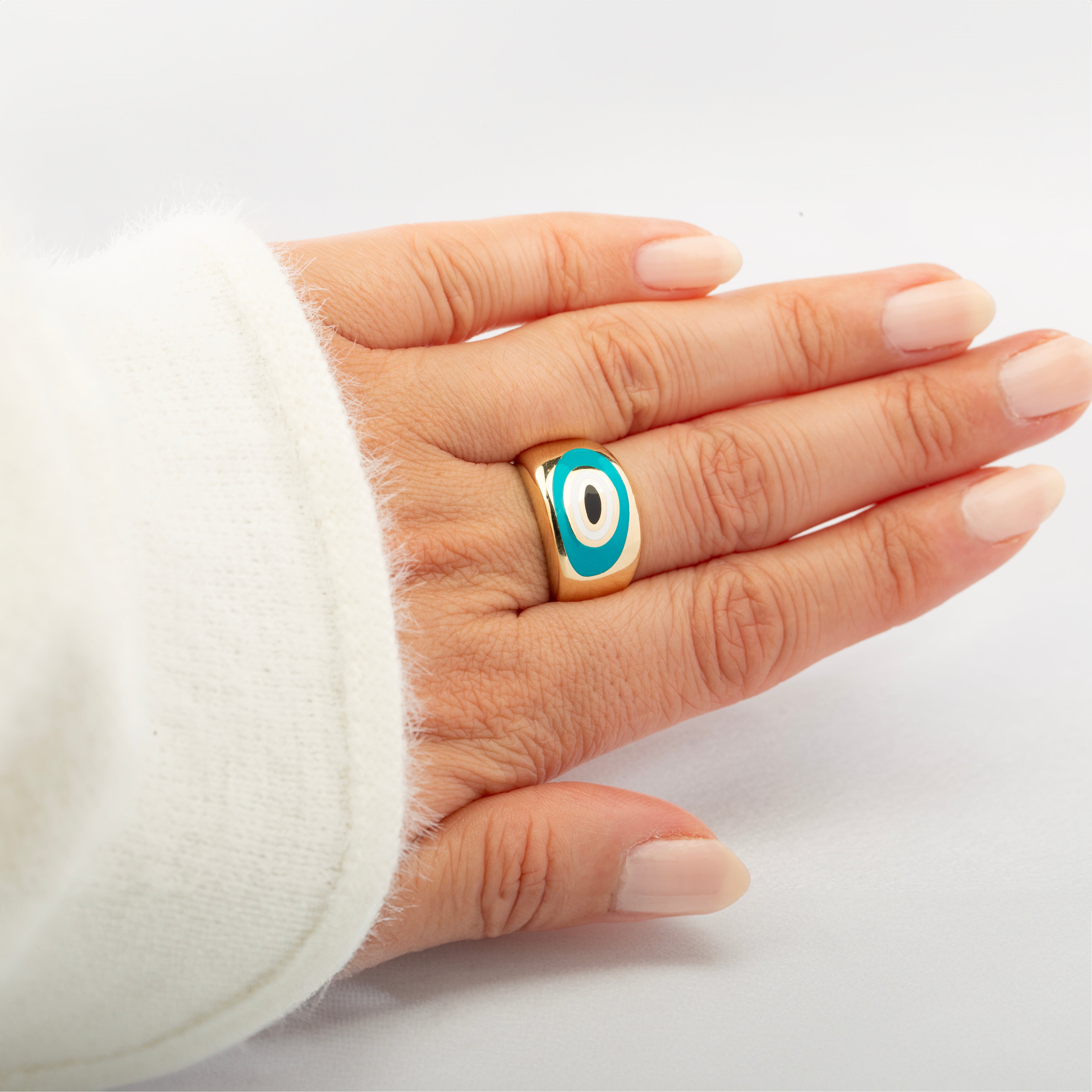 14K Solid Gold Large Dome Evil Eye Ring