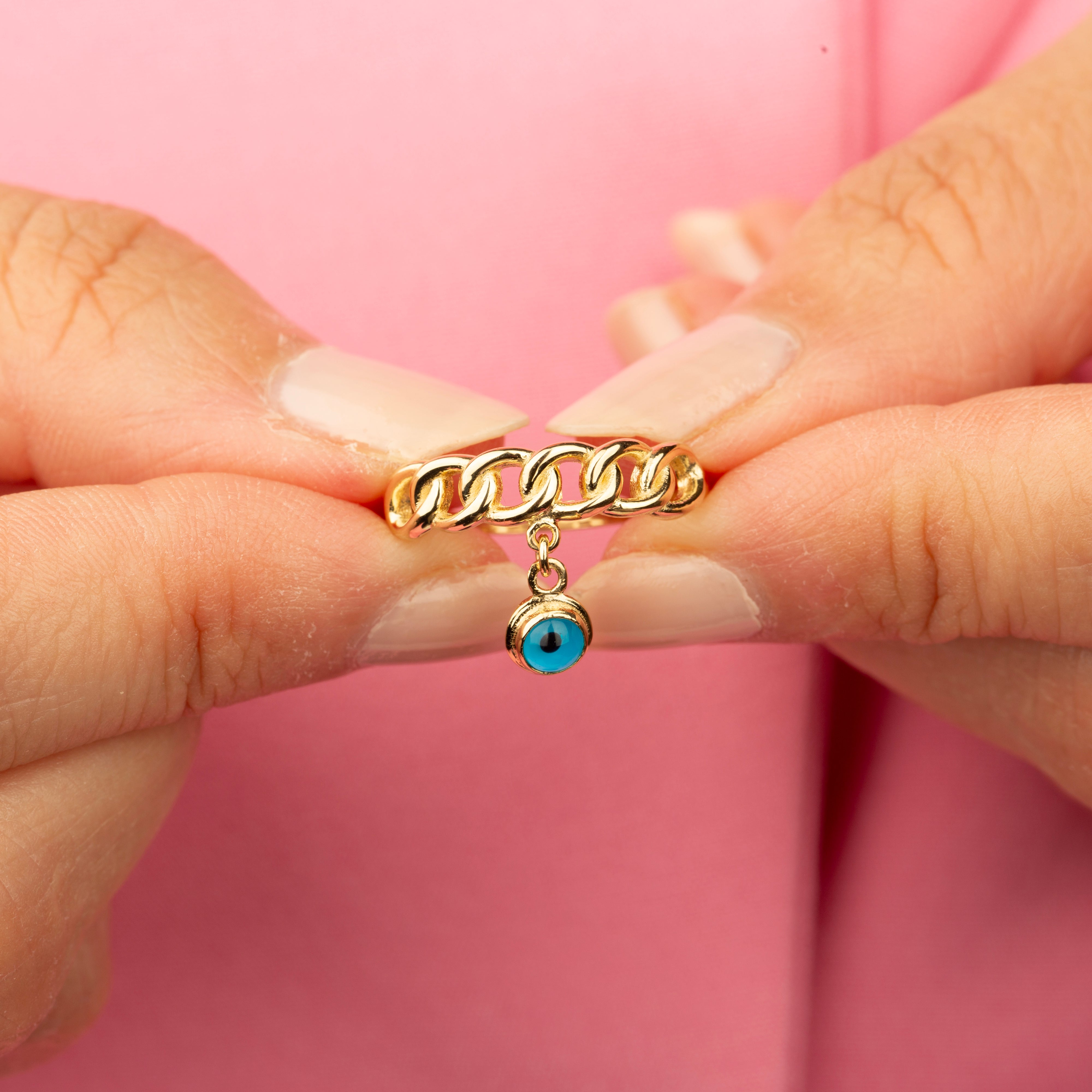 14K Solid Gold Chain Link Ring with Evil Eye Charm