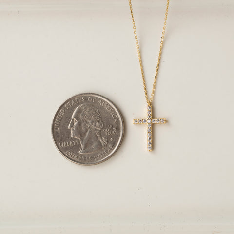 14K Solid Gold Cubic Zirconia Cross Pendant Necklace - Timeless Religious Jewelry