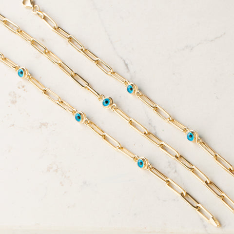 14K Gold Paperclip Chain Bracelet with Evil Eye Charm - Contemporary and Symbolic Jewelry