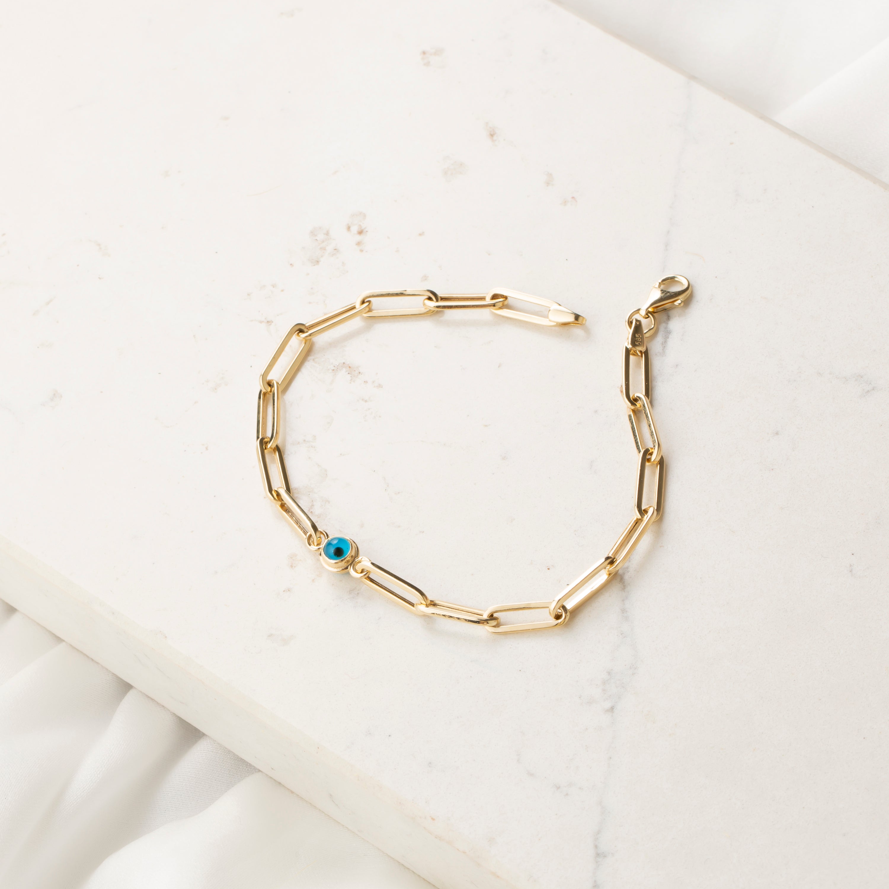 14K Gold Paperclip Chain Bracelet with Evil Eye Charm - Contemporary and Symbolic Jewelry